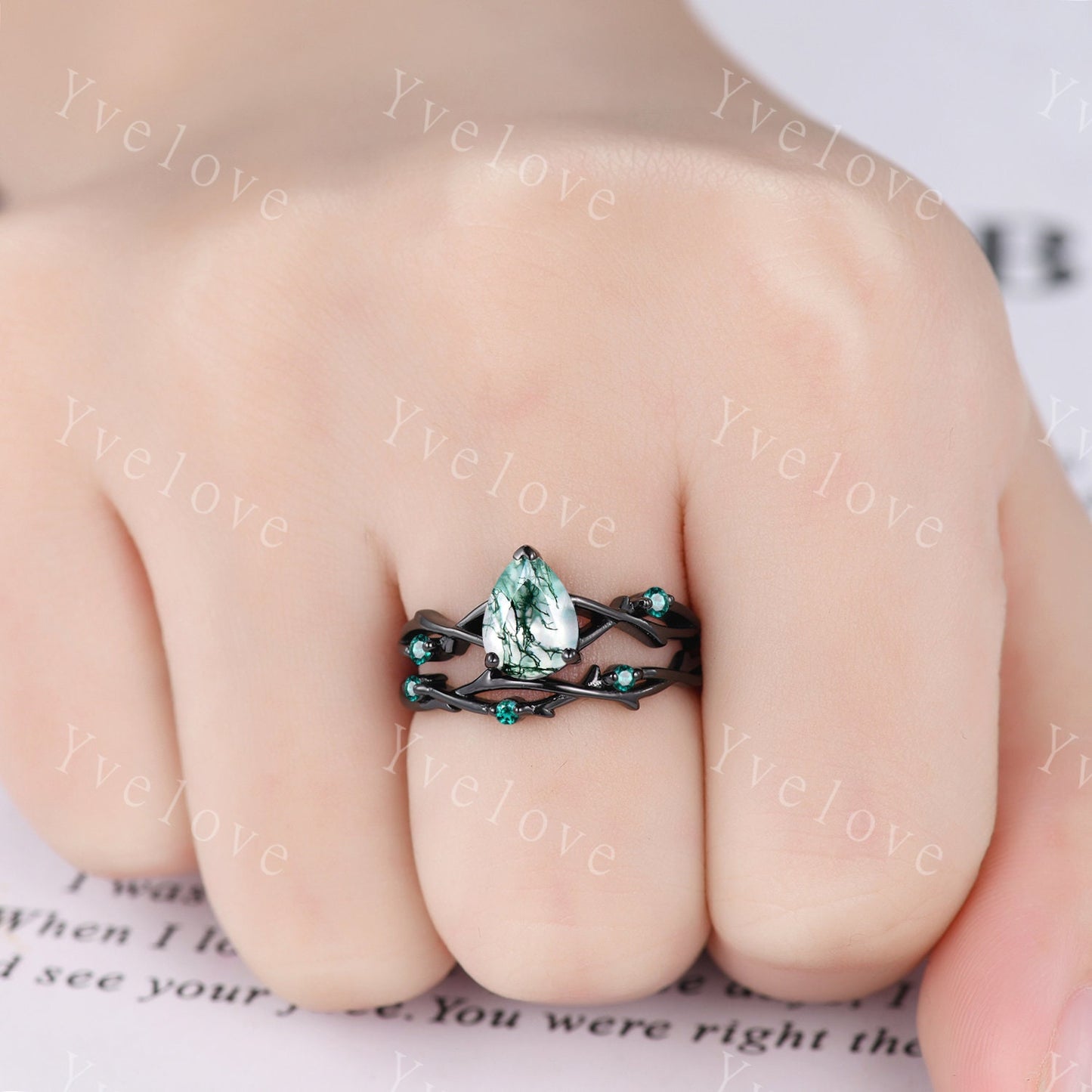 Unique Twig Pear Cut Moss Agate Engagement Ring,Vintage Leaf Emerald Ring,Black Gold Branch Ring,Art Deco Promise Wedding Ring,Handmade Gift
