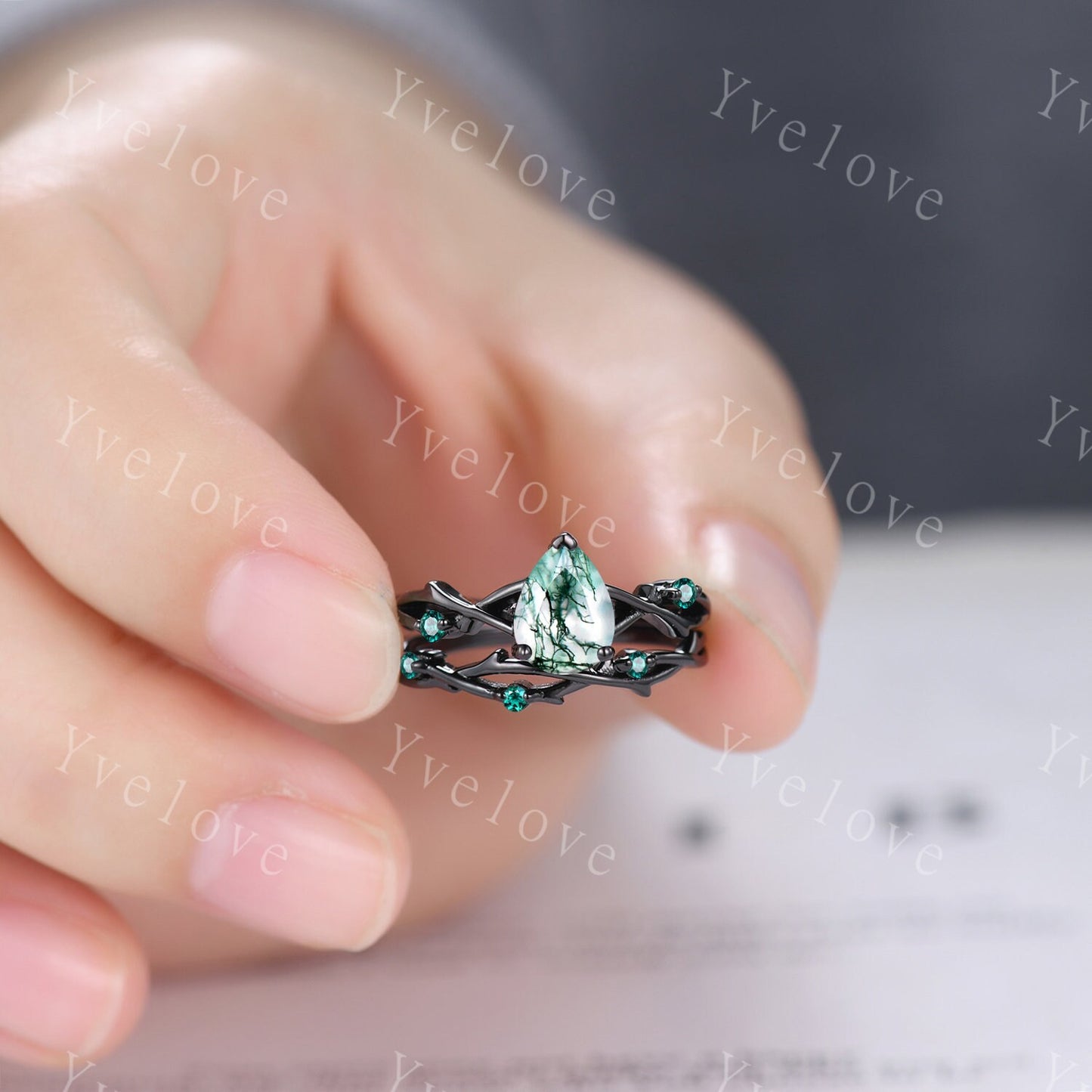 Unique Twig Pear Moss Agate Engagement Ring Set,Vintage Leaf Emerald Ring,Black Gold Branch Ring,Art Deco Promise Bridal Wedding Ring Set