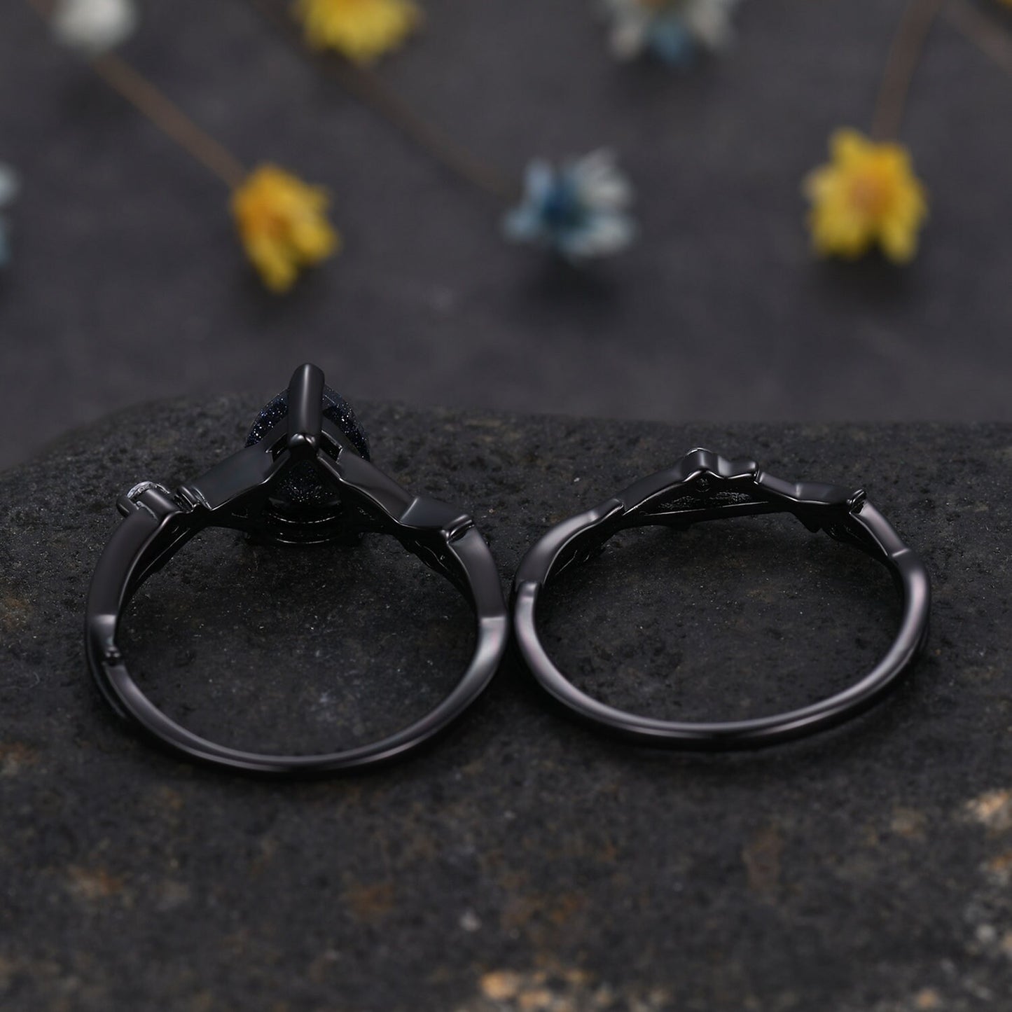 Unique Twig Pear Moss Agate Engagement Ring Set,Vintage Leaf Emerald Ring,Black Gold Branch Ring,Art Deco Promise Bridal Wedding Ring Set