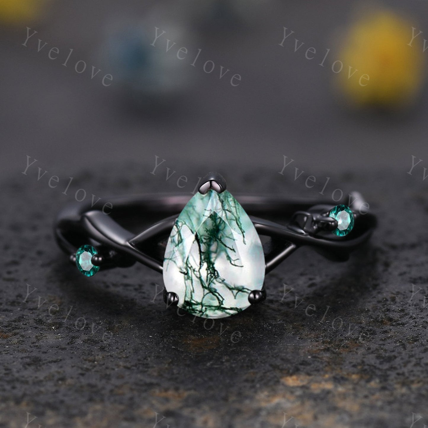 Unique Twig Pear Cut Moss Agate Engagement Ring,Vintage Leaf Emerald Ring,Black Gold Branch Ring,Art Deco Promise Wedding Ring,Handmade Gift