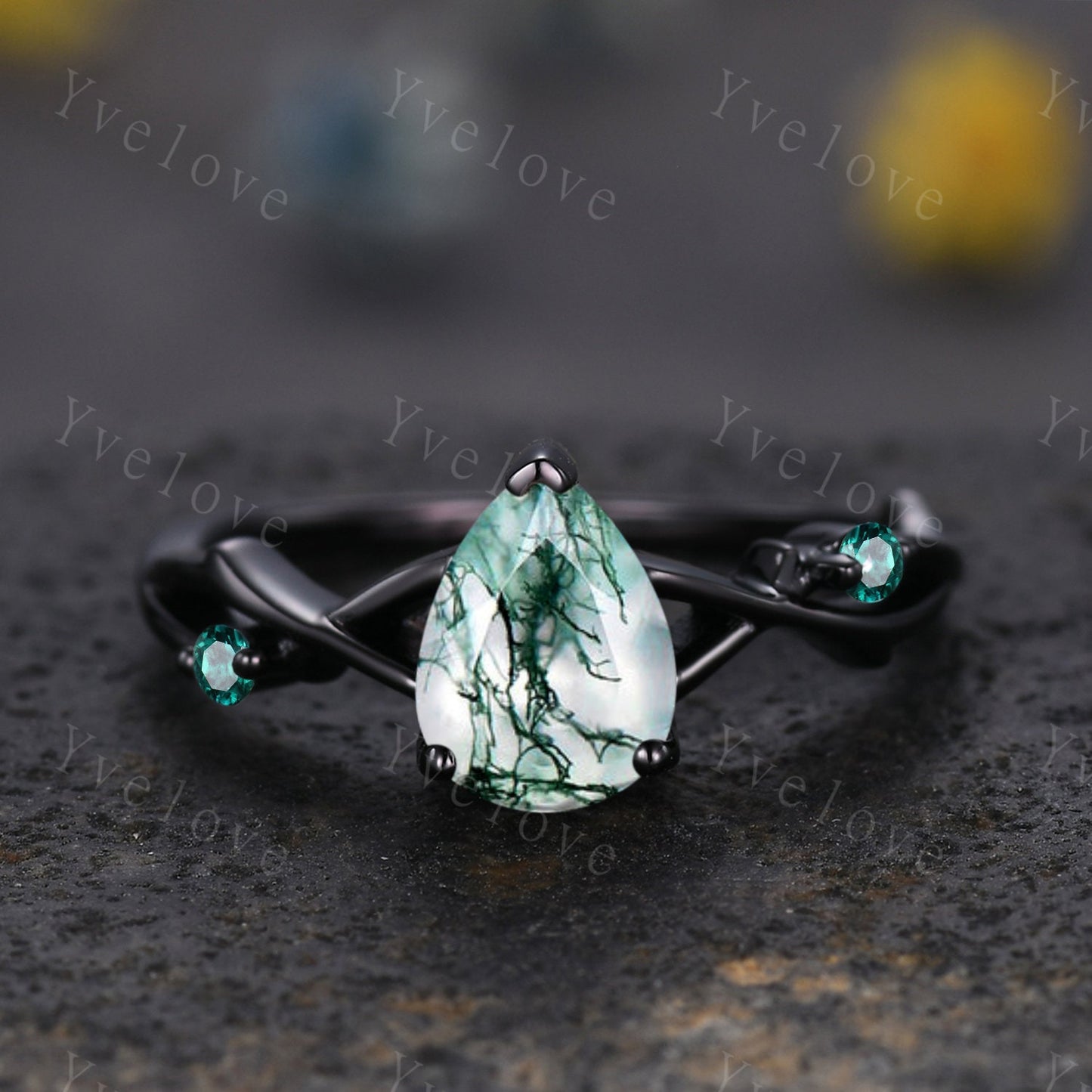 Unique Twig Pear Moss Agate Engagement Ring Set,Vintage Leaf Emerald Ring,Black Gold Branch Ring,Art Deco Promise Bridal Wedding Ring Set