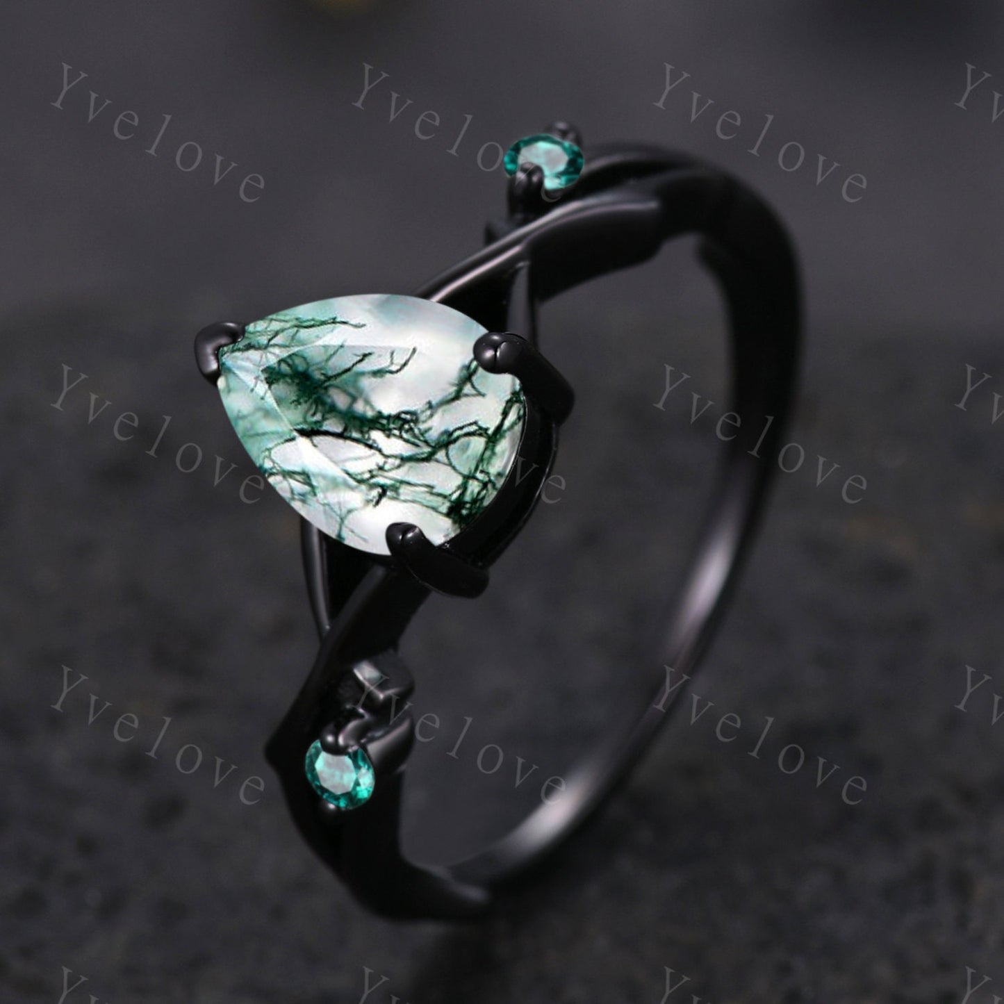 Unique Twig Pear Cut Moss Agate Engagement Ring,Vintage Leaf Emerald Ring,Black Gold Branch Ring,Art Deco Promise Wedding Ring,Handmade Gift