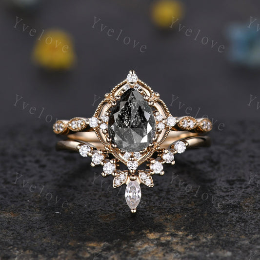 5x7mm Vintage Salt Pepper Diamond Engagement Ring,Teardrop Diamond Ring Set,14K Gold Ring,Unique Women Promise Ring For Her,Handmade Gift