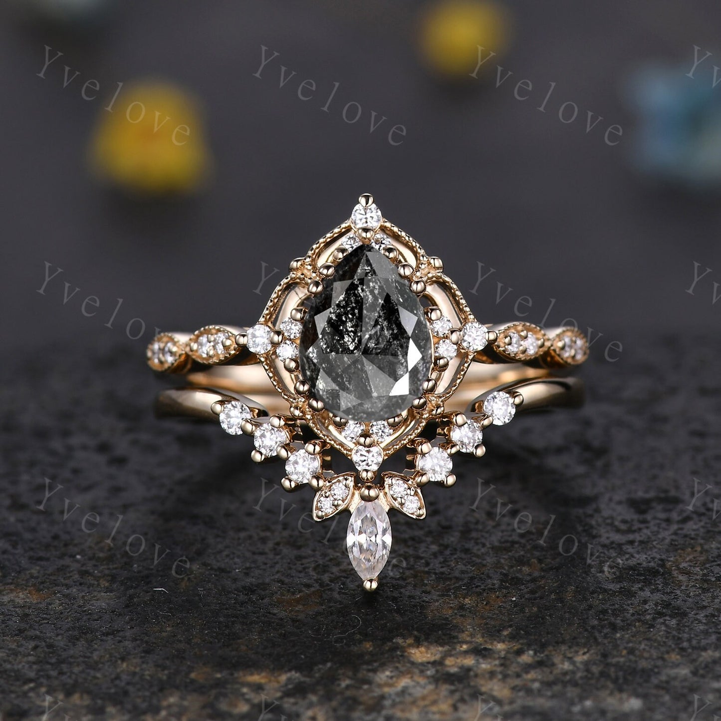 Vintage Salt and Pepper Diamond Engagement Ring,Teardrop Shaped Diamond Ring 18K Gold Ring,Unique Women Promise Ring For Her,Handmade Gift
