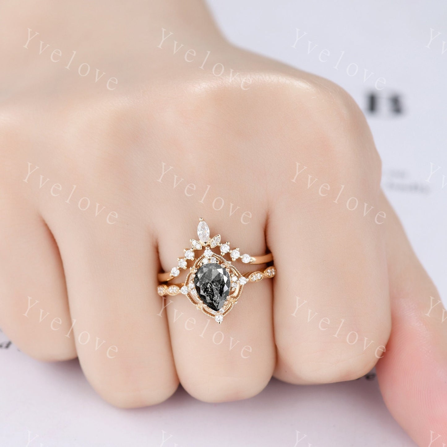 Vintage Salt and Pepper Diamond Engagement Ring,Teardrop Shaped Diamond Ring 18K Gold Ring,Unique Women Promise Ring For Her,Handmade Gift
