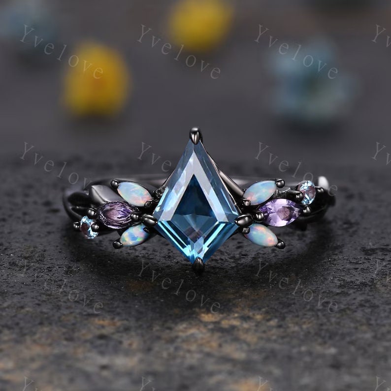 Vintage Kite London Blue Topaz Engagement Ring Set,Black Gold,Amethyst Opal Ring,Women Bridal Set,Unique Twig Anniversary Promise Ring Gift