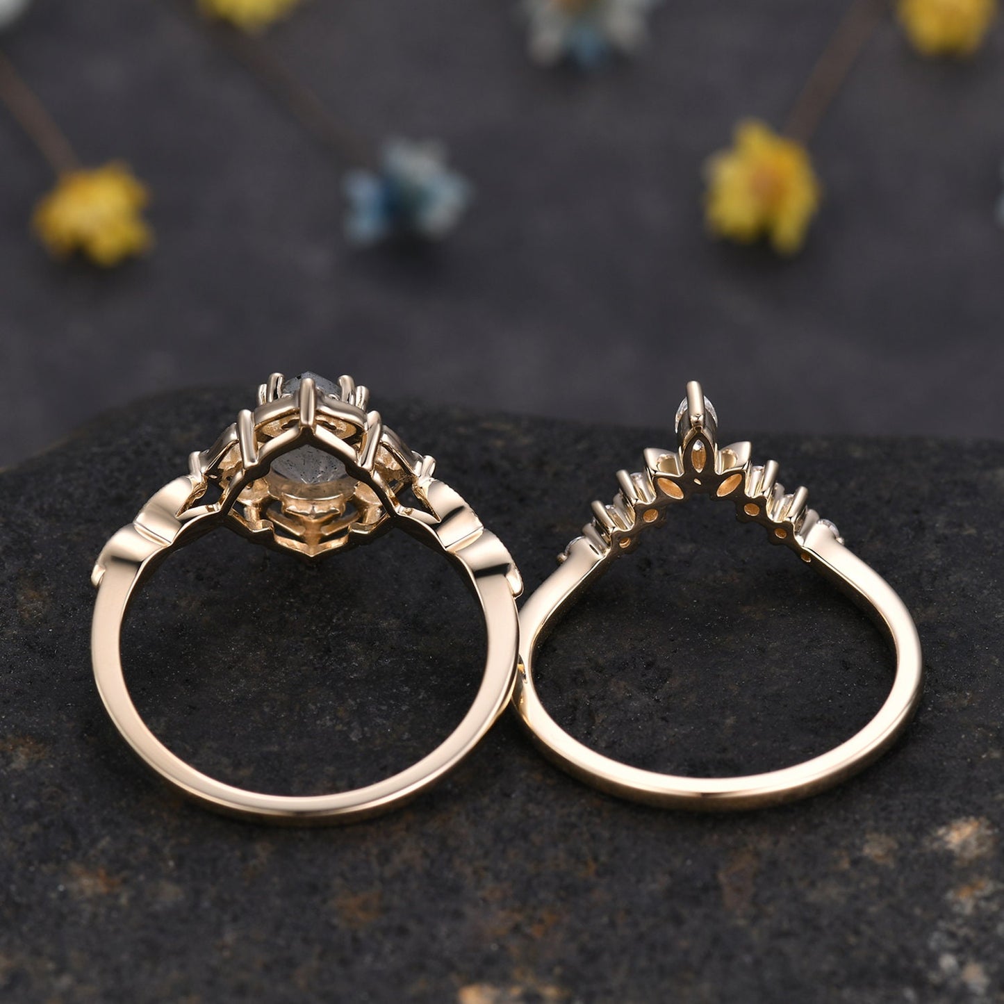Vintage Salt and Pepper Diamond Engagement Ring,Teardrop Shaped Diamond Ring 18K Gold Ring,Unique Women Promise Ring For Her,Handmade Gift
