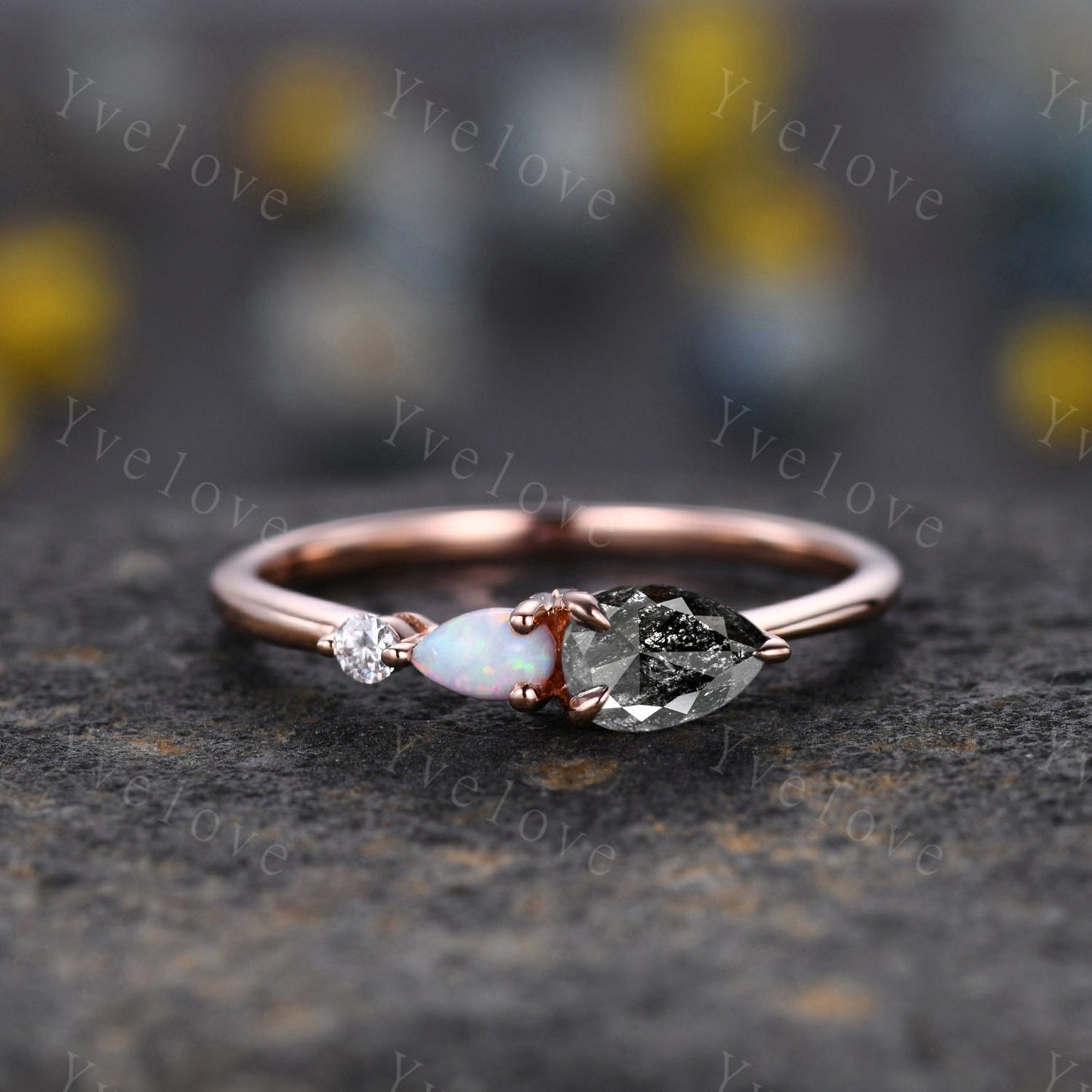 Vintage Salt and Pepper Diamond Opal Engagement Ring,Pear Cut Gems,Art Deco Diamond Wedding Band,Unique Women Bridal Promise Ring Gift
