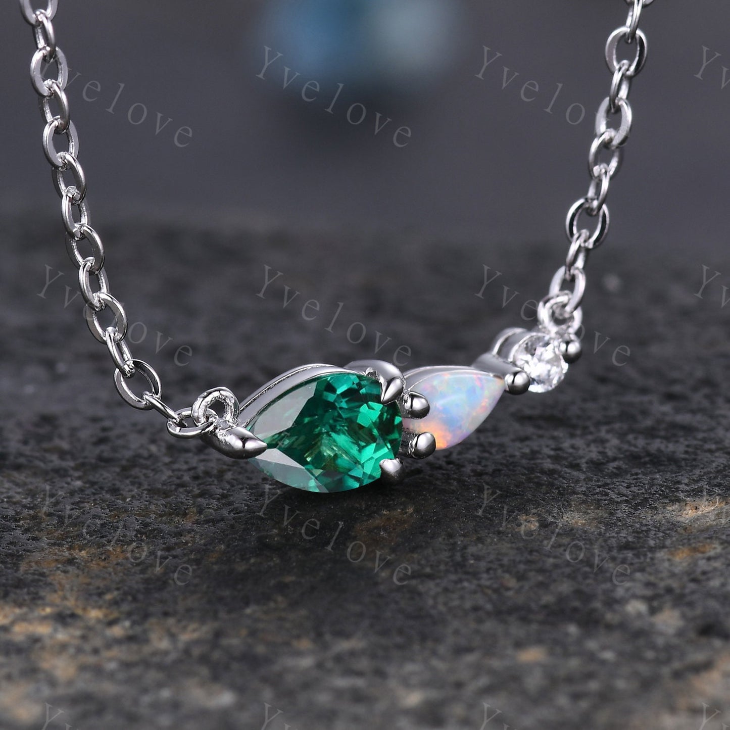 Unique Emerald  Opal Necklace,Pear Cut Gems,Art Deco Moissanite Diamond Delicate Dainty Necklace,3 Stone Unique Women Bridal Gift,Silver