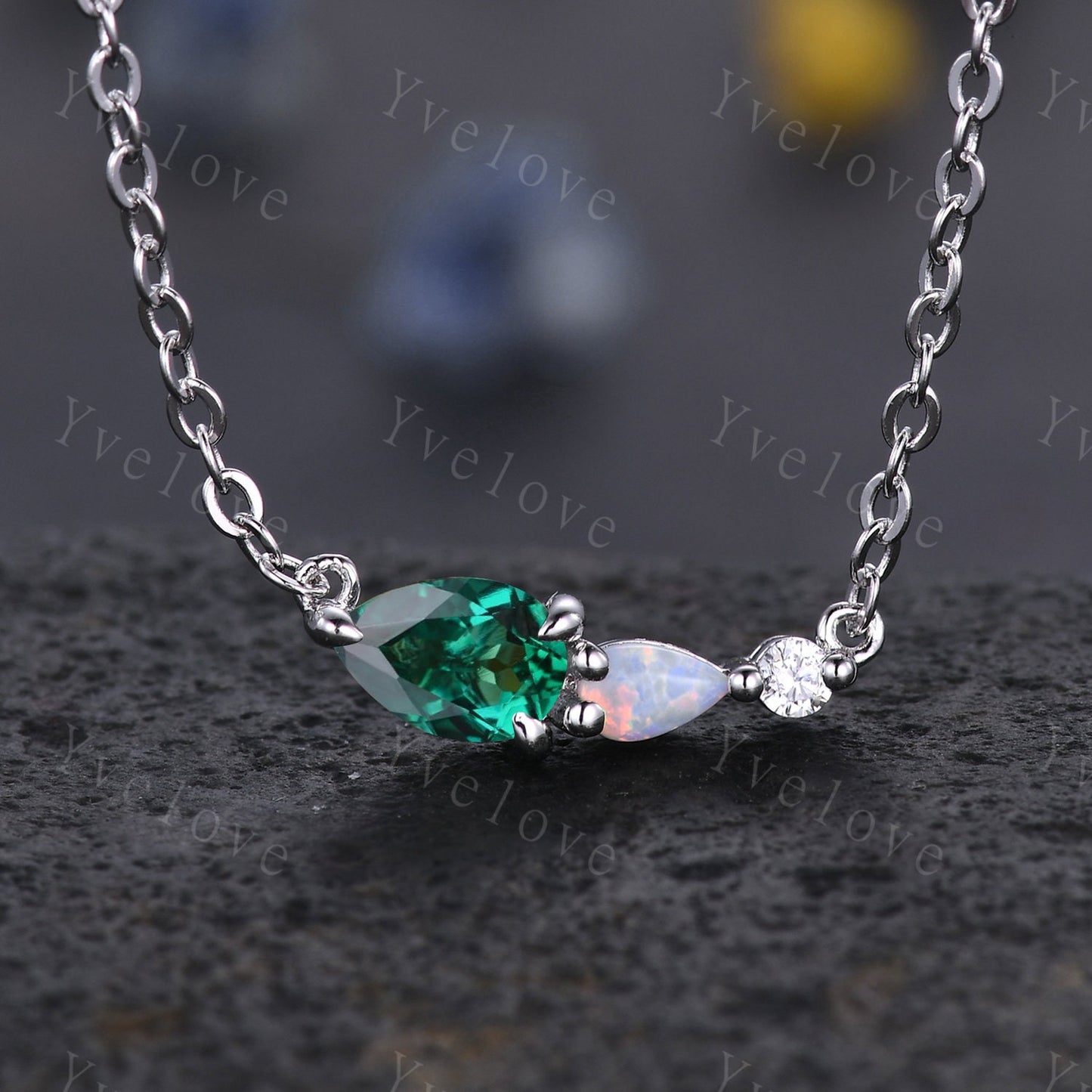 Unique Emerald  Opal Necklace,Pear Cut Gems,Art Deco Moissanite Diamond Delicate Dainty Necklace,3 Stone Unique Women Bridal Gift,Silver