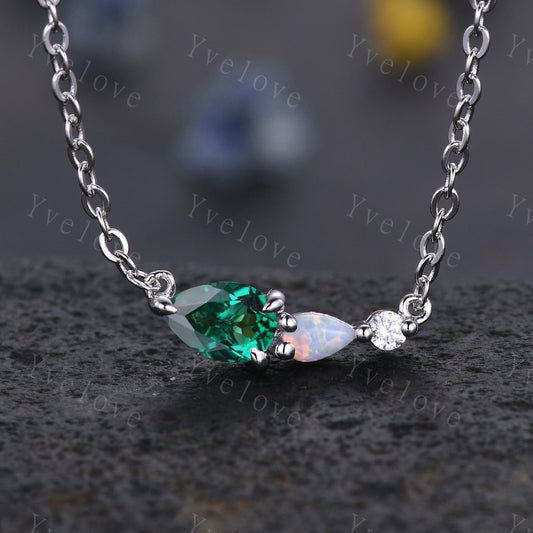 Unique Emerald  Opal Necklace,Pear Cut Gems,Art Deco Moissanite Diamond Delicate Dainty Necklace,3 Stone Unique Women Bridal Gift,Silver