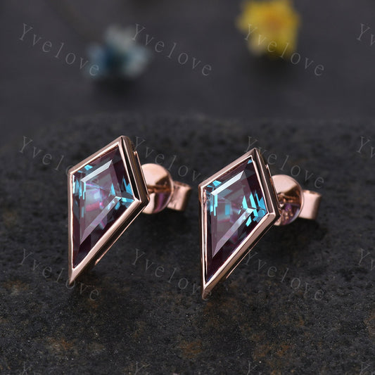 Dainty Kite cut Alexandrite earrings June gemstone jewelry unique earrings studs art deco earring anniversary gift for her Birthday Gift
