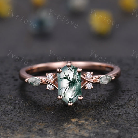 Hexagon Moss Agate Ring,Green Agate Engagement Ring,Marquise Moss Agate,Moissanite Matching Stacking Wedding Band,Art Deco Ring for women