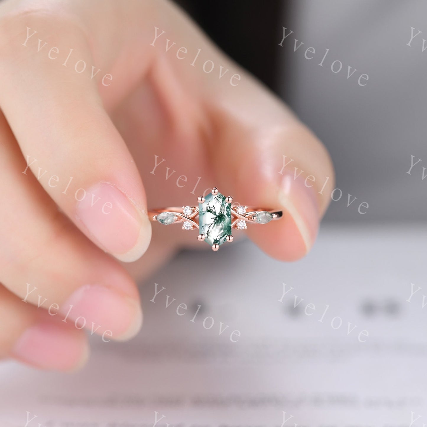 Hexagon Moss Agate Ring,Green Agate Engagement Ring,Marquise Moss Agate,Moissanite Matching Stacking Wedding Band,Art Deco Ring for women