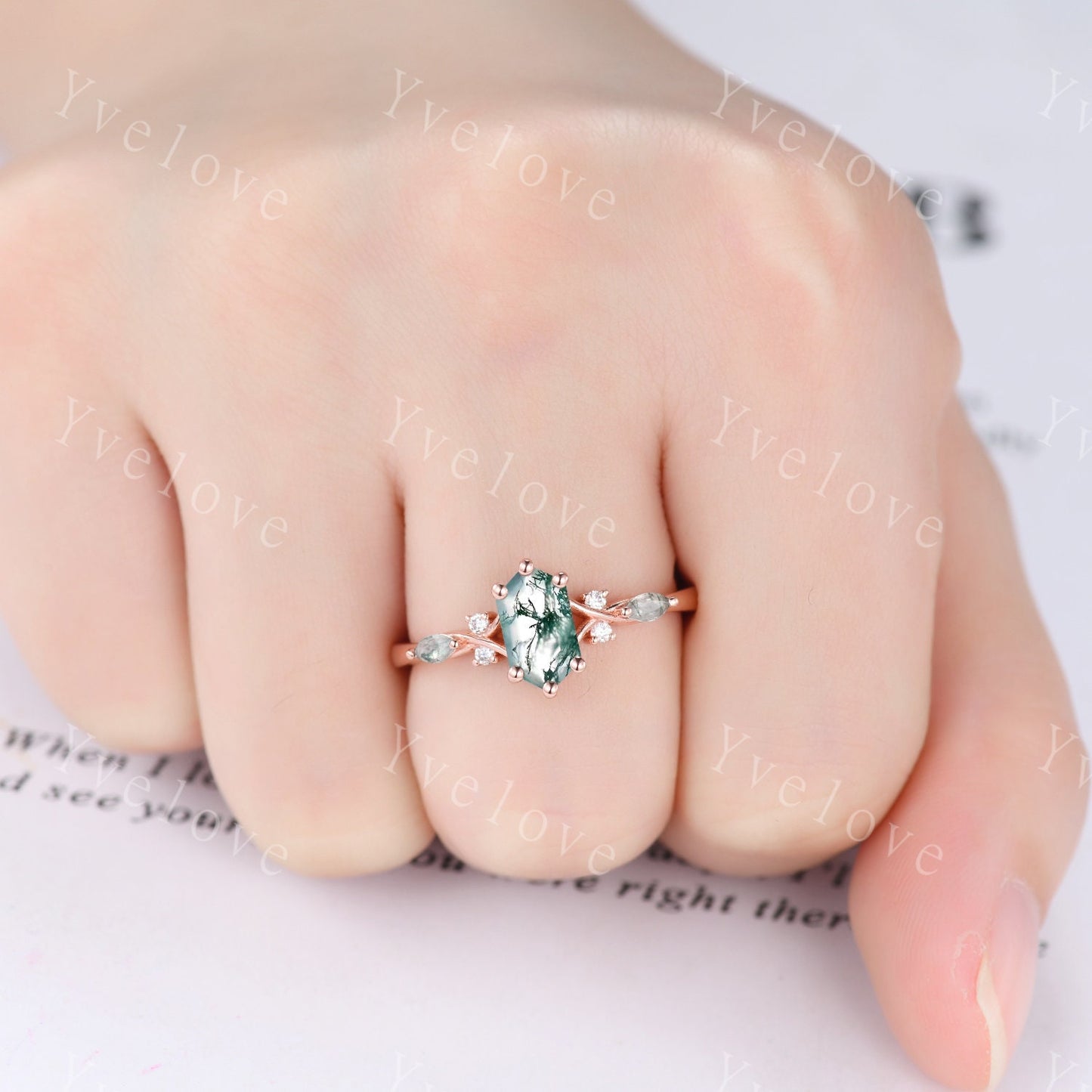 Hexagon Moss Agate Ring,Green Agate Engagement Ring,Marquise Moss Agate,Moissanite Matching Stacking Wedding Band,Art Deco Ring for women