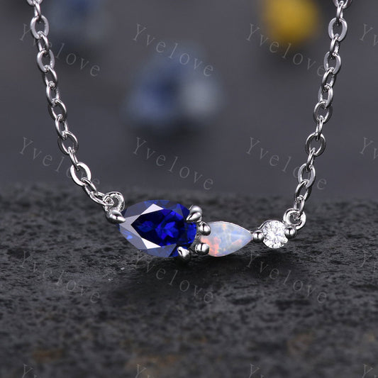 Unique Sapphire Opal Necklace,Pear Cut Gems,Art Deco Moissanite Diamond Delicate Dainty Necklace,3 Stone Unique Women Bridal Gift,Silver