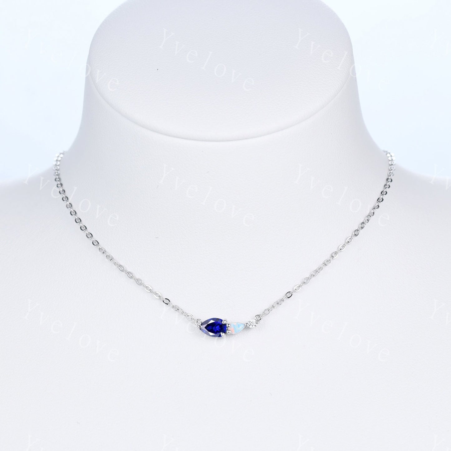 Unique Sapphire Opal Necklace,Pear Cut Gems,Art Deco Moissanite Diamond Delicate Dainty Necklace,3 Stone Unique Women Bridal Gift,Silver