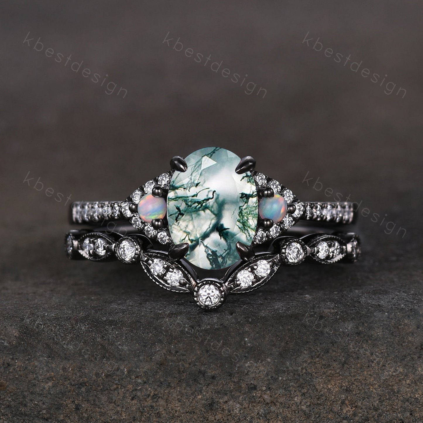 Vintage moss agate engagement ring set black gold green moss agate ring unique curved Moissanite stacking band oval cut bridal wedding set