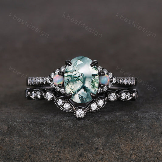 Vintage moss agate engagement ring set black gold green moss agate ring unique curved Moissanite stacking band oval cut bridal wedding set