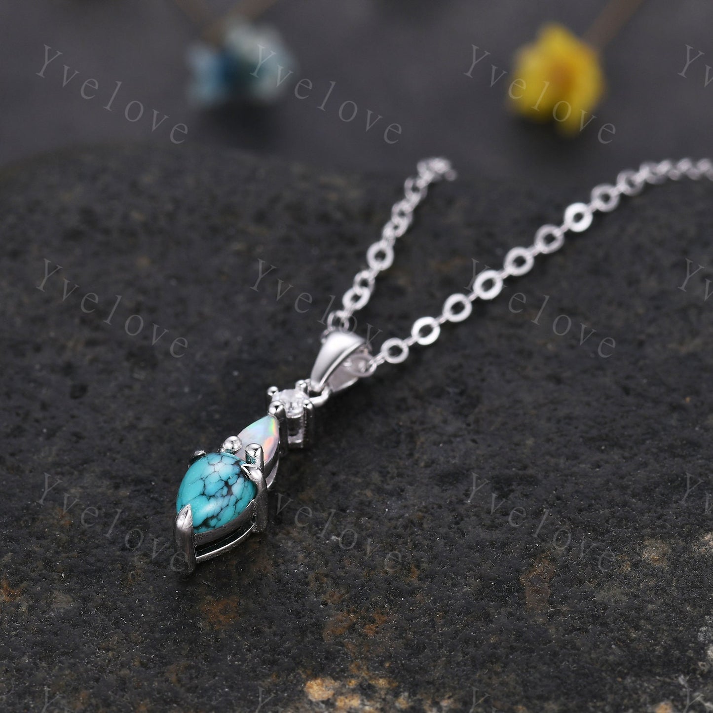 Unique Turquoise Opal Necklace,Pear Cut Jewelry,Art Deco Diamond Delicate Dainty Pendant,3 Stone  Women Bridal Gift,White gold Necklace Gift