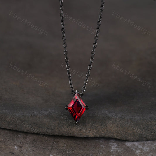 Lozenge cut Garnet Necklace Black Gold Rhodium Plated Necklace Women January Birthstone Necklace Unique Personalized Pendant Gift for Her