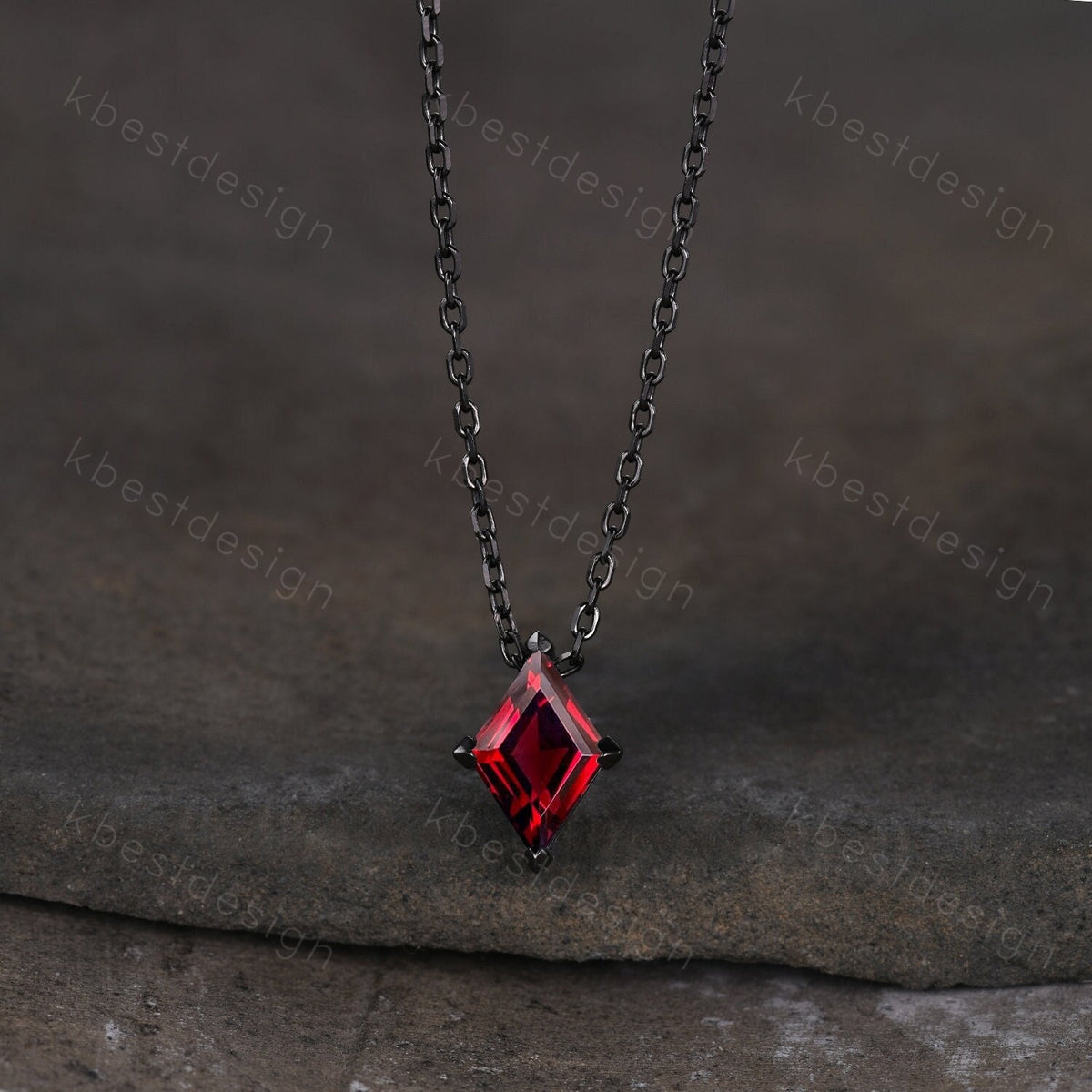 Lozenge cut Garnet Necklace Black Gold Rhodium Plated Necklace Women January Birthstone Necklace Unique Personalized Pendant Gift for Her