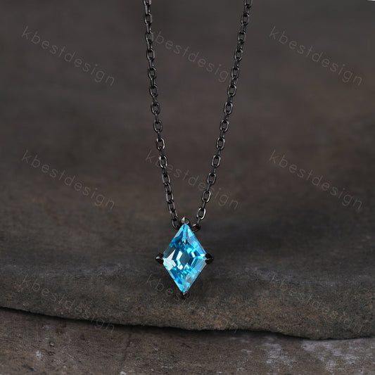 Unique lozenge cut blue topaz necklace black gold Swiss blue topaz necklace for women dainty personalized pendant anniversary bridal gift