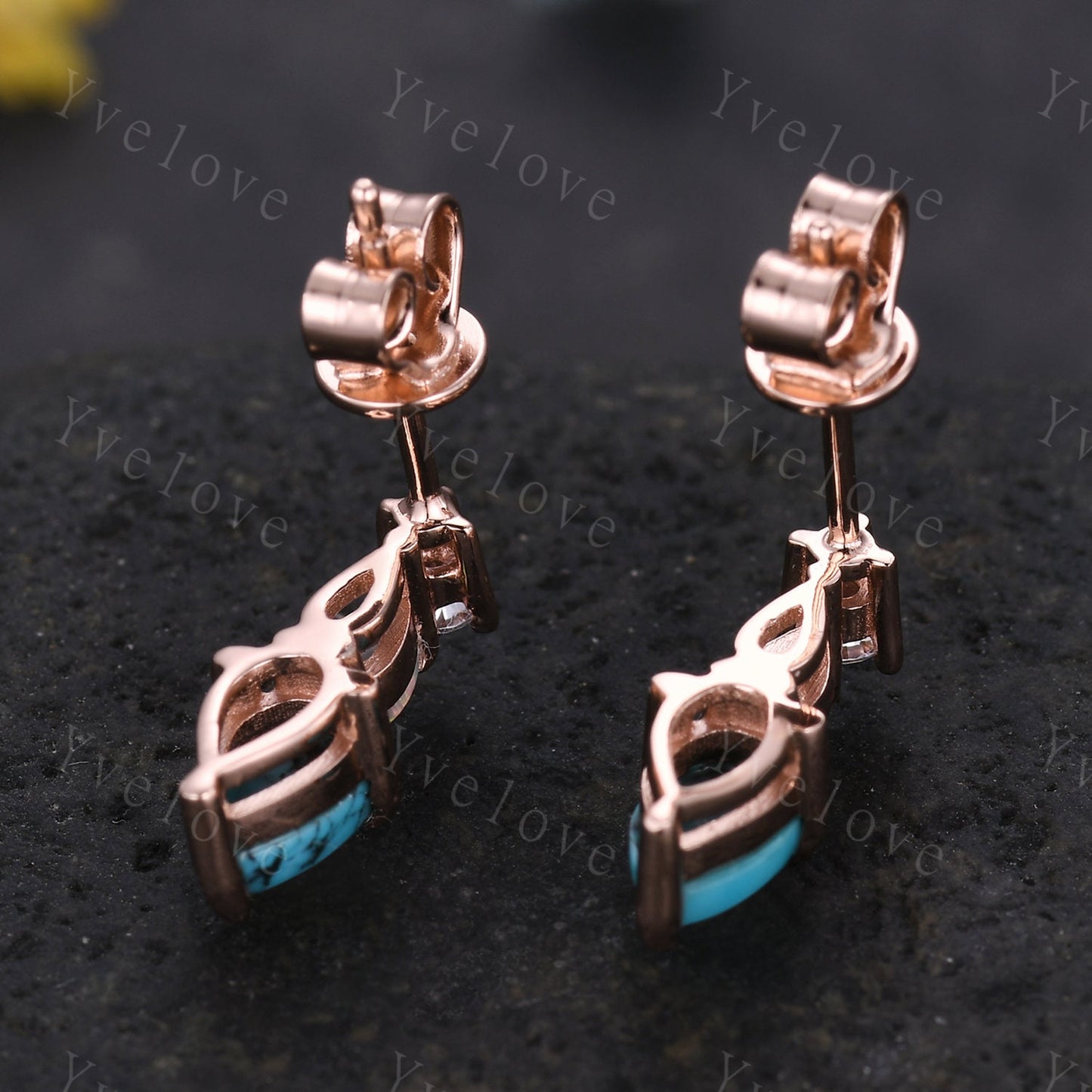 Unique Turquoise Opal Earrings,Pear Cut Gems,Art Deco Moissanite Diamond Delicate Dainty Stud Earrings,3 Stone Minimalist Women Gift for Her