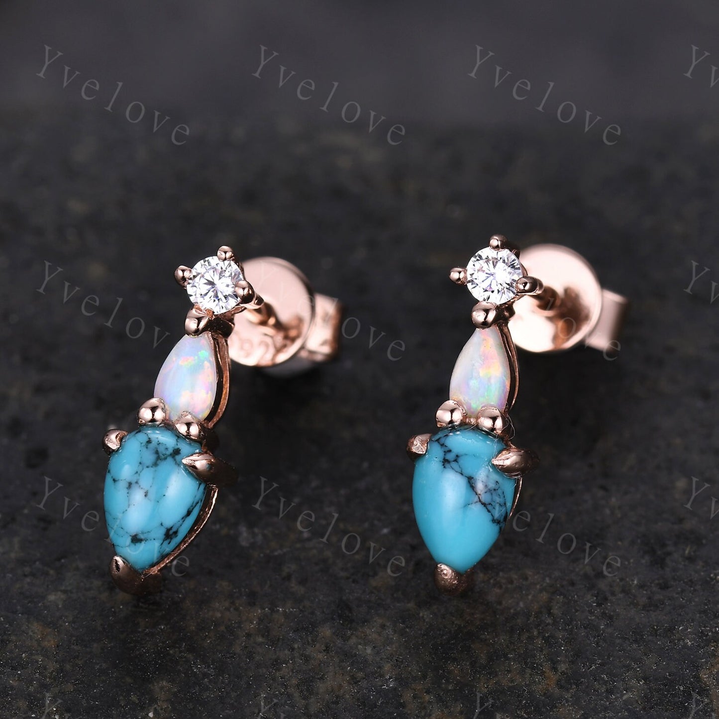 Unique Turquoise Opal Earrings,Pear Cut Gems,Art Deco Moissanite Diamond Delicate Dainty Stud Earrings,3 Stone Minimalist Women Gift for Her
