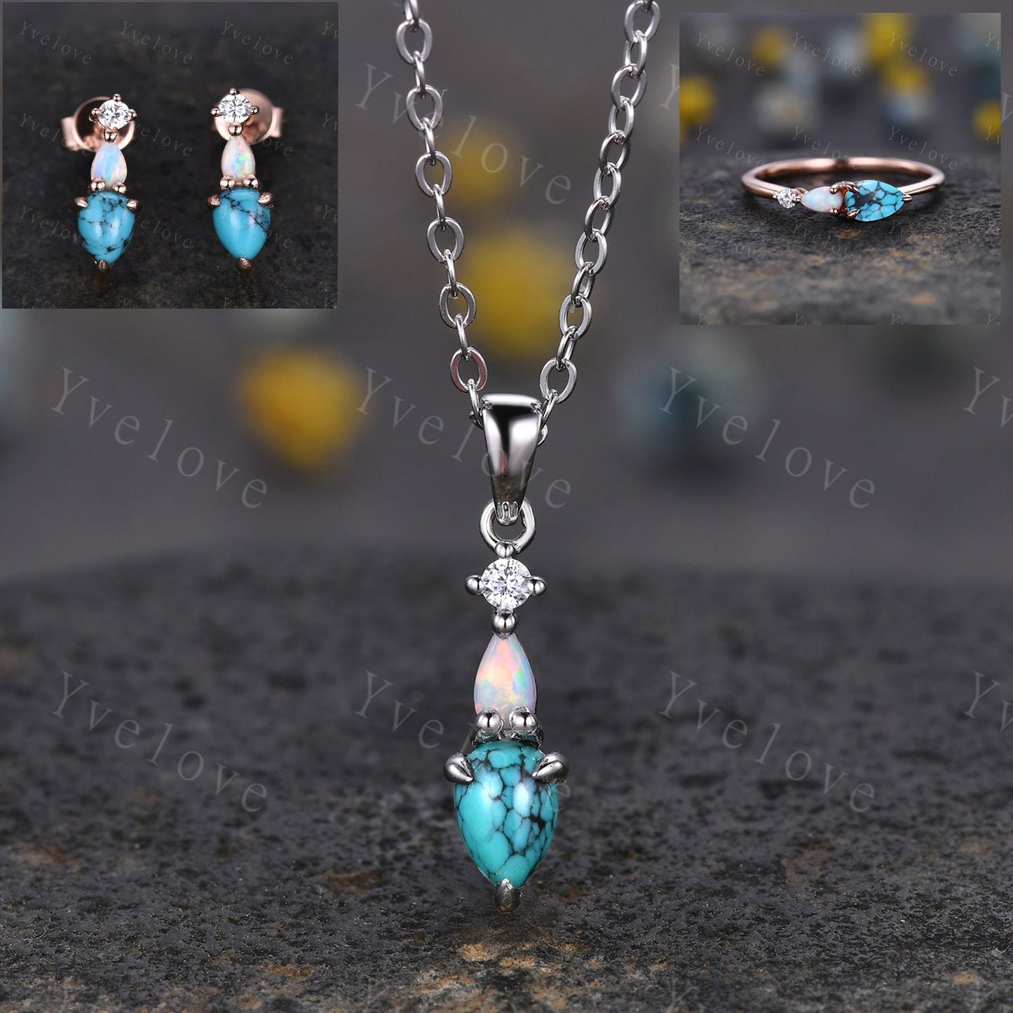 Unique Turquoise Opal Earrings,Pear Cut Gems,Art Deco Moissanite Diamond Delicate Dainty Stud Earrings,3 Stone Minimalist Women Gift for Her