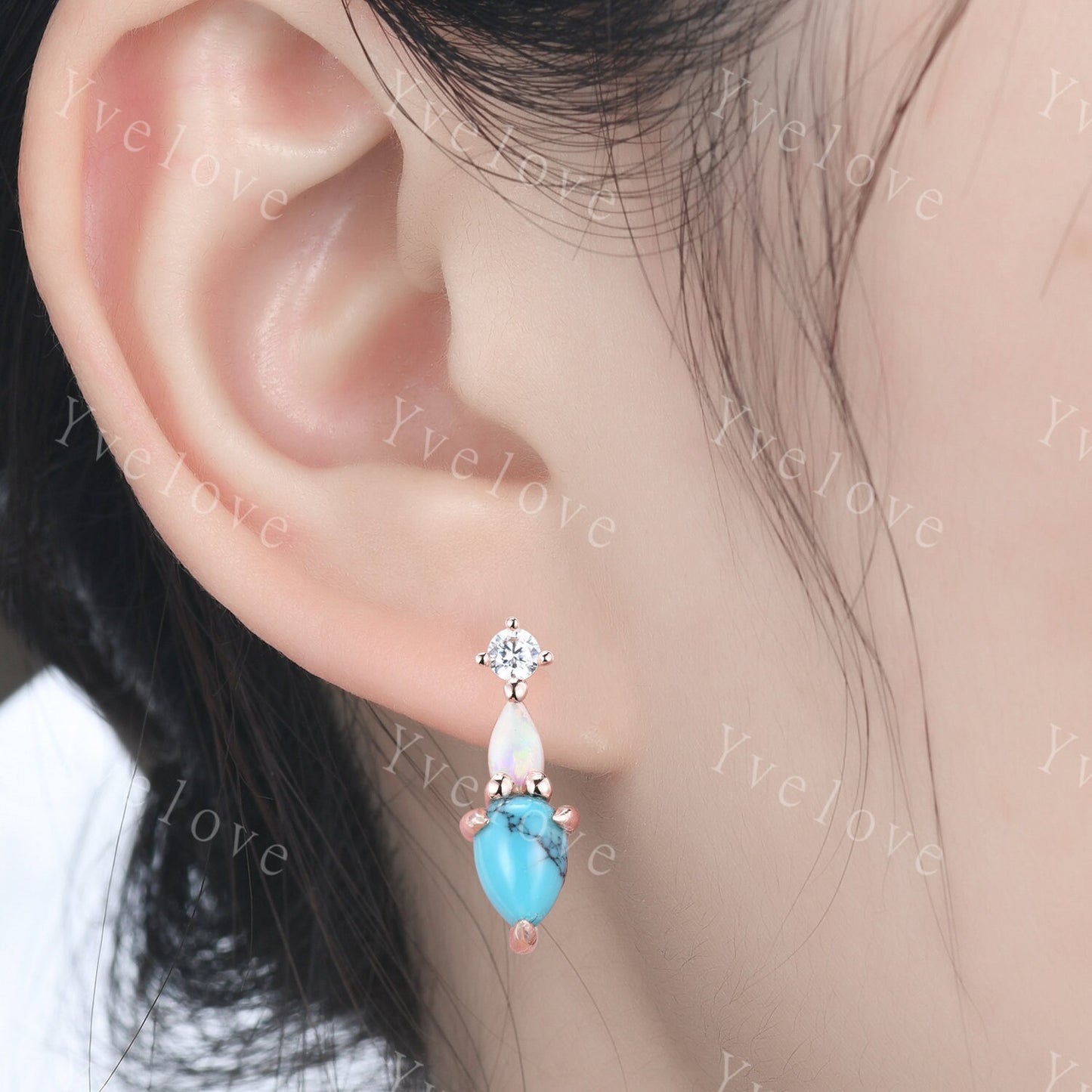 Unique Turquoise Opal Earrings,Pear Cut Gems,Art Deco Moissanite Diamond Delicate Dainty Stud Earrings,3 Stone Minimalist Women Gift for Her