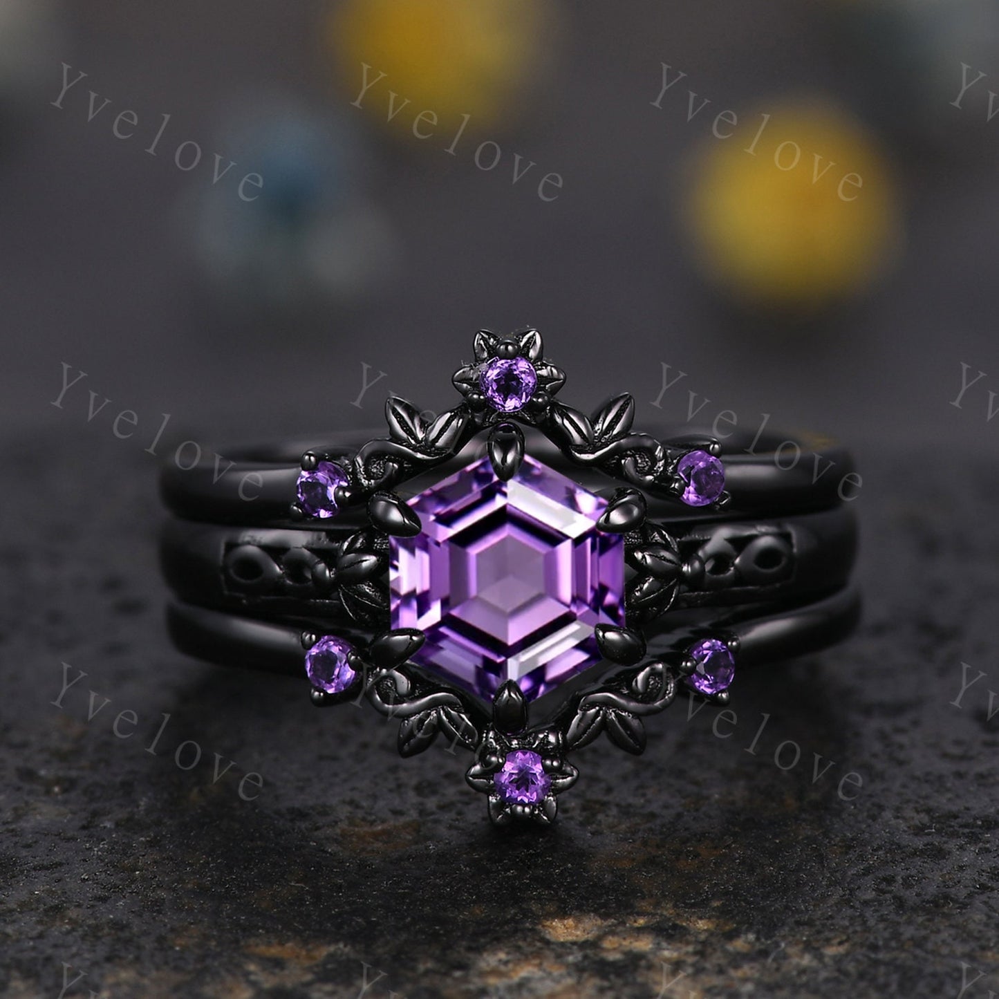 Hexagon Shaped Amethyst Engagement Ring Set 14k Black Gold Vintage Amethyst Wedding Ring Enhancer Band Art Deco Bridal  Ring Set For Women
