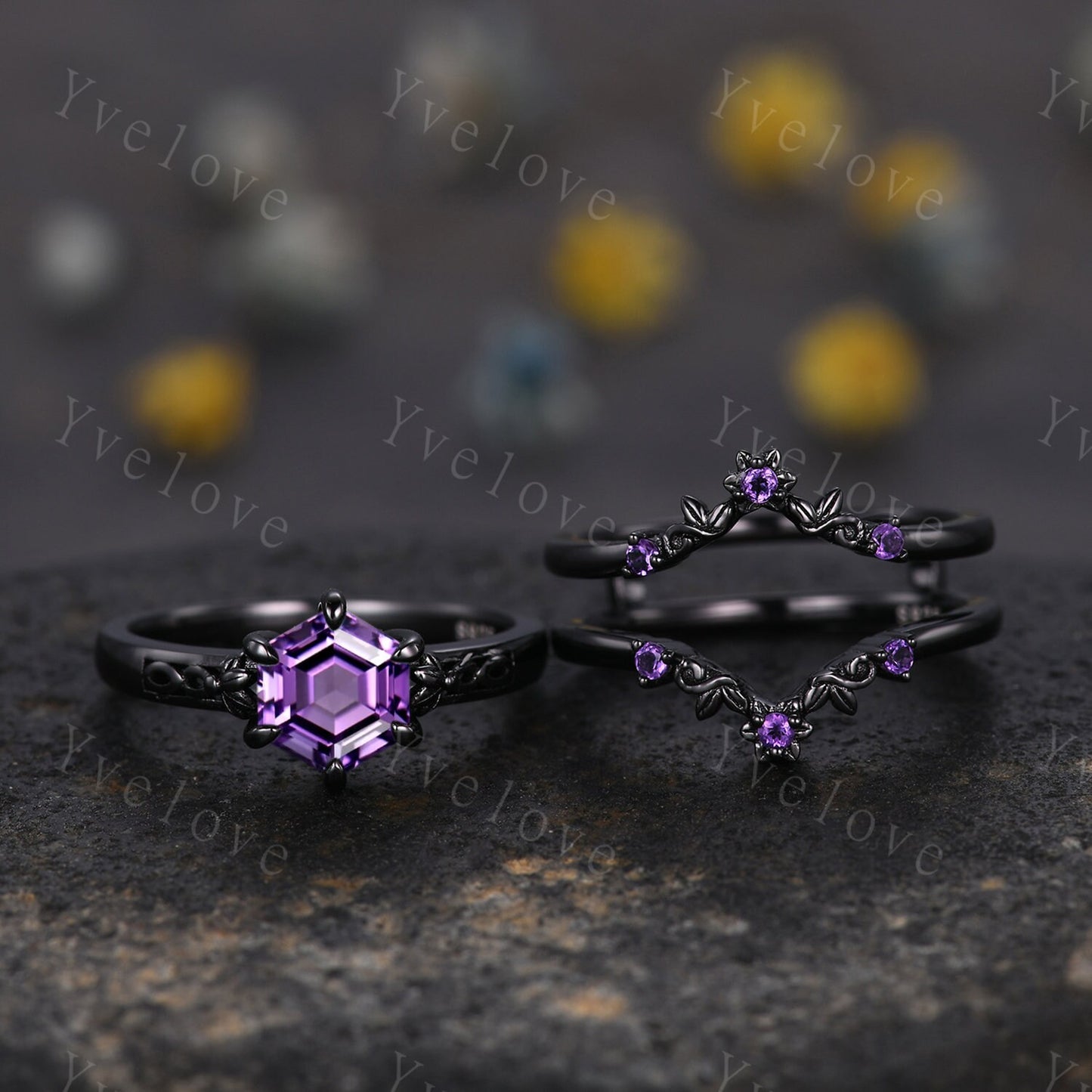 Hexagon Shaped Amethyst Engagement Ring Set 14k Black Gold Vintage Amethyst Wedding Ring Enhancer Band Art Deco Bridal  Ring Set For Women