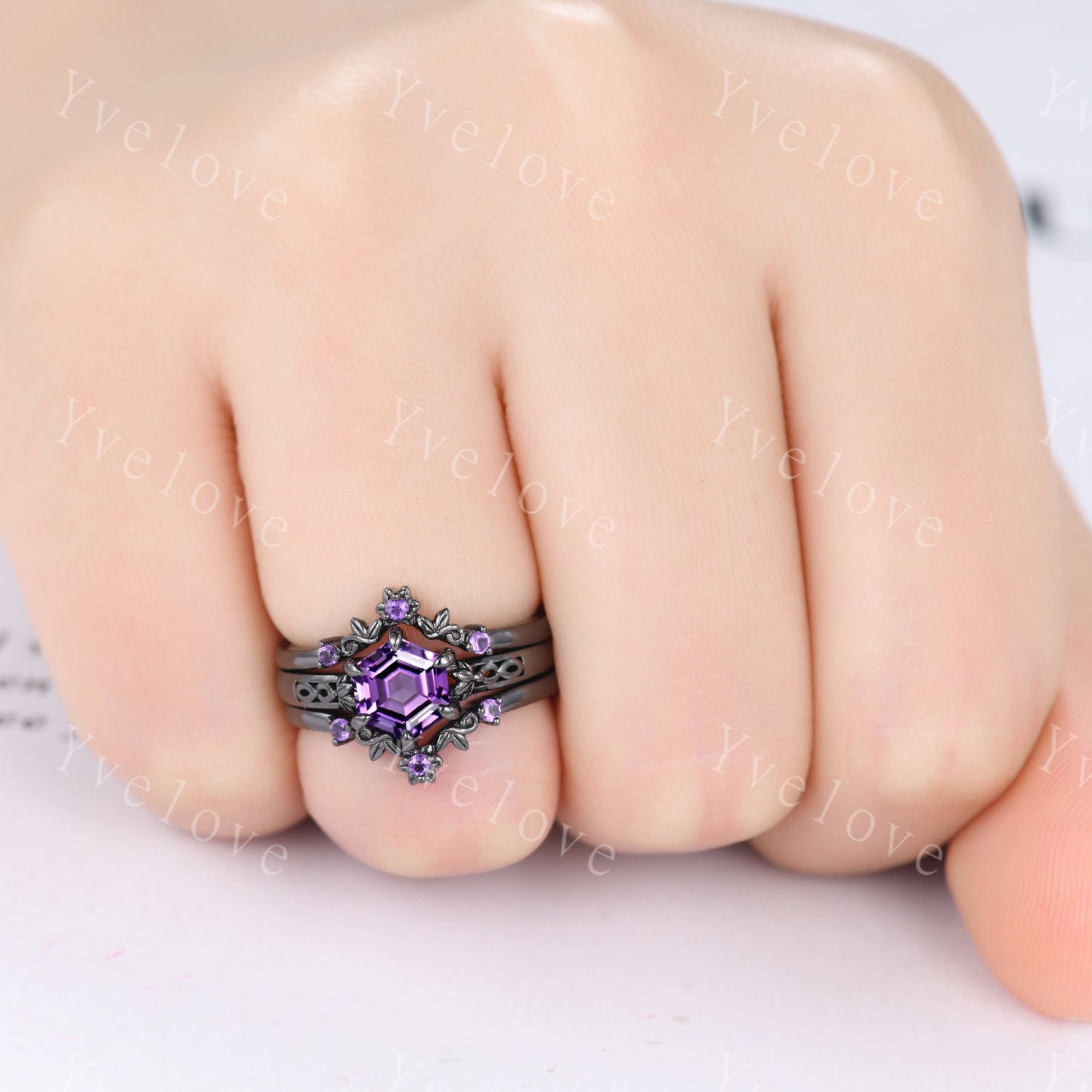 Hexagon Shaped Amethyst Engagement Ring Set 14k Black Gold Vintage Amethyst Wedding Ring Enhancer Band Art Deco Bridal  Ring Set For Women