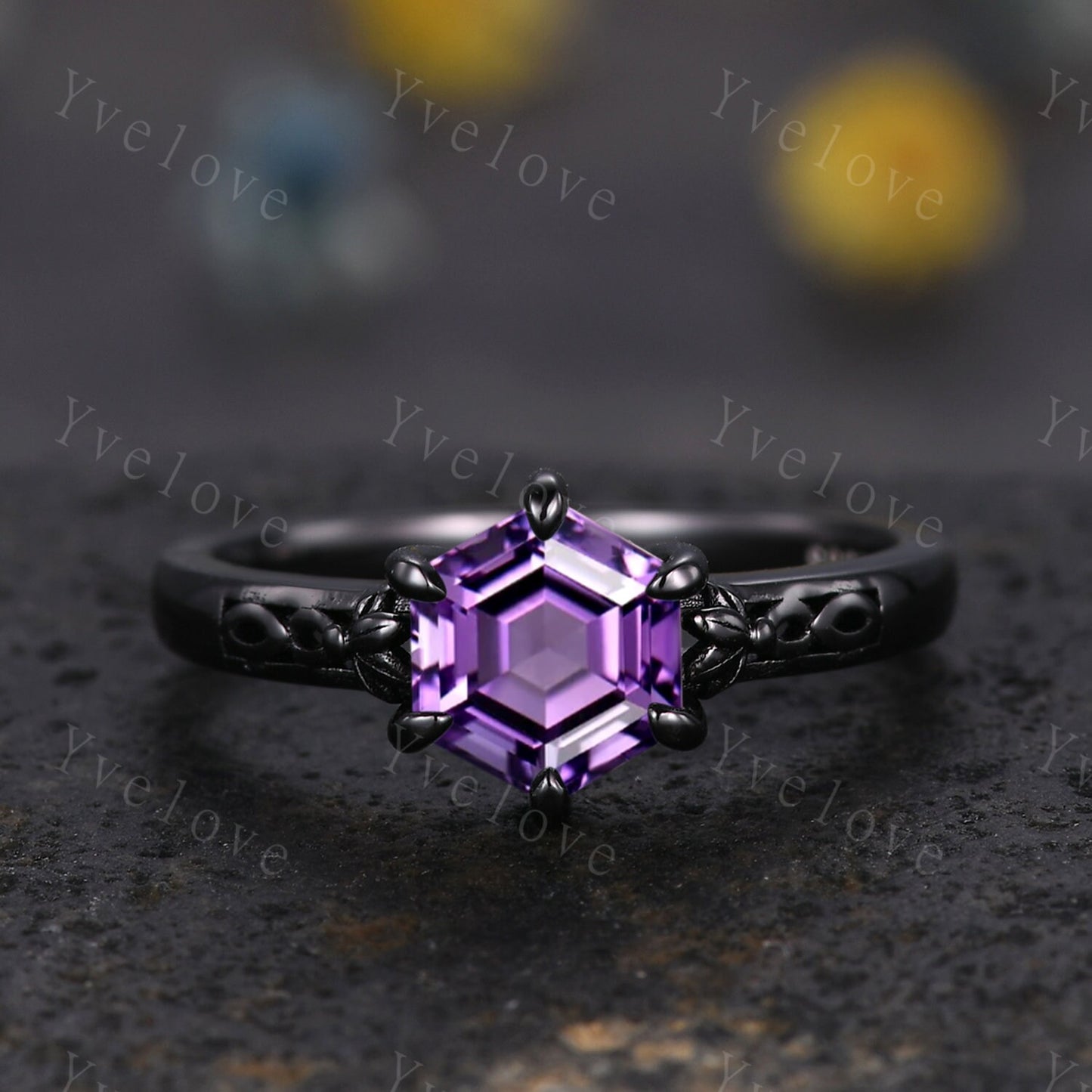 Hexagon Shaped Amethyst Engagement Ring Set 14k Black Gold Vintage Amethyst Wedding Ring Enhancer Band Art Deco Bridal  Ring Set For Women