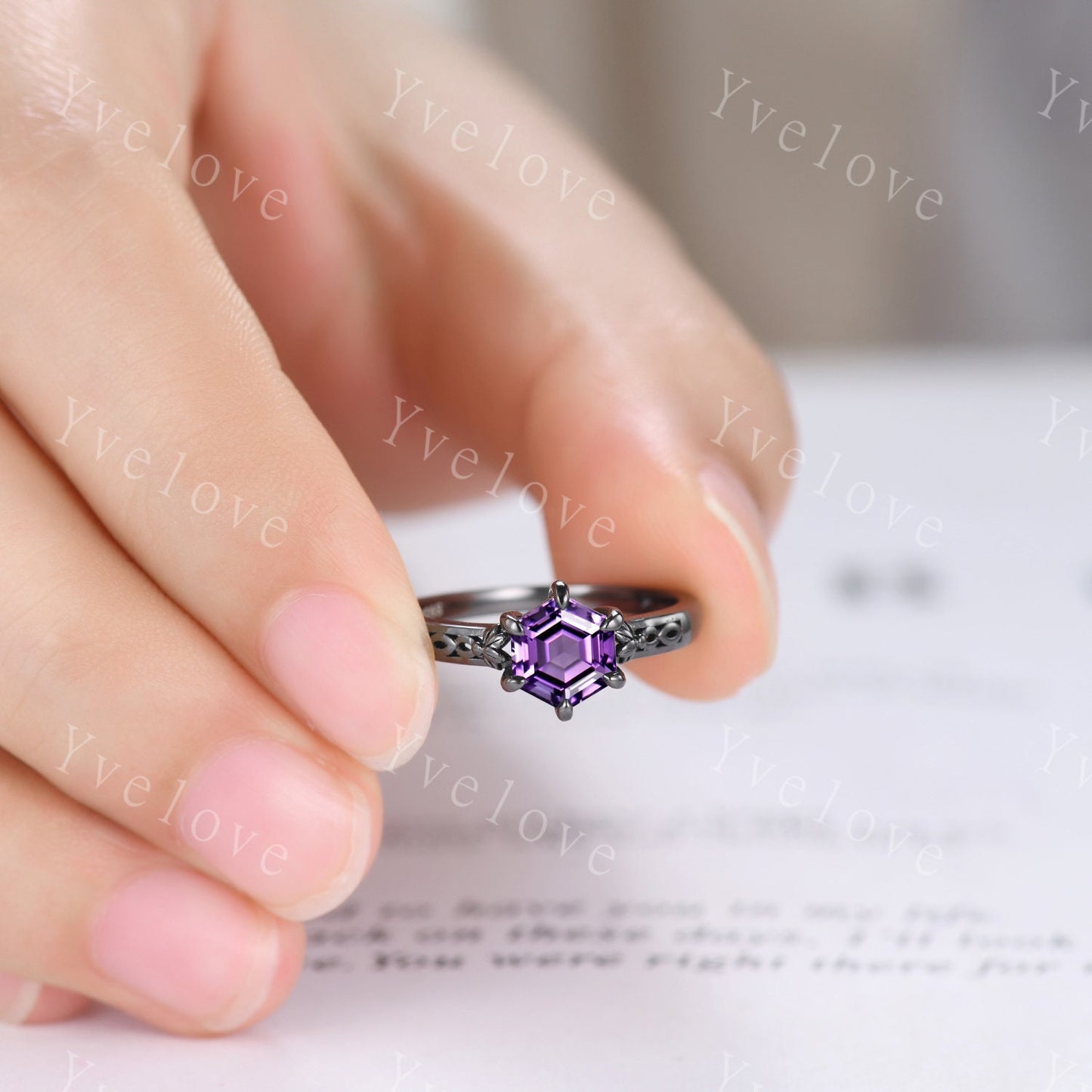 Hexagon Shaped Amethyst Engagement Ring Set 14k Black Gold Vintage Amethyst Wedding Ring Enhancer Band Art Deco Bridal  Ring Set For Women