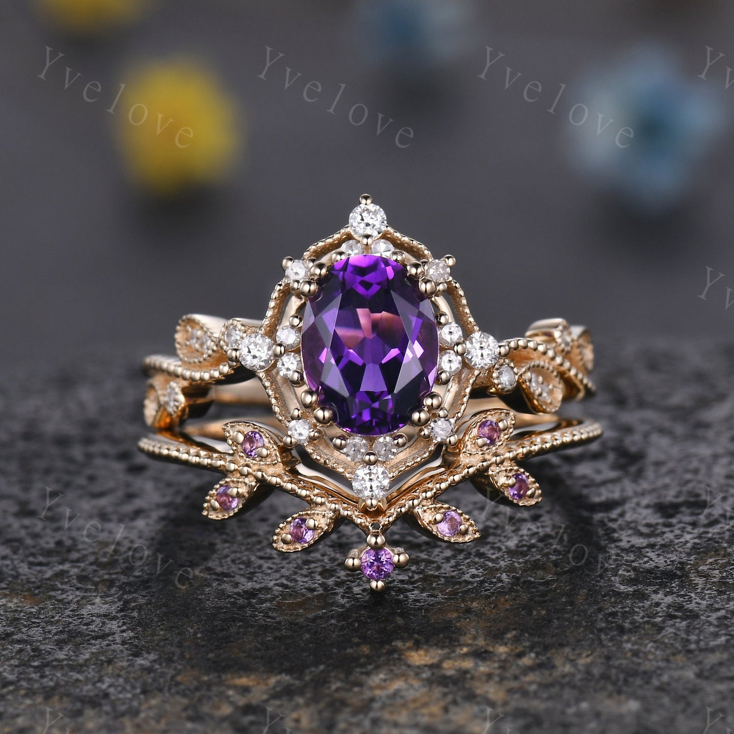Oval Amethyst engagement ring set solid gold ring diamond amethyst stacking matching band floral vintage art deco ring February gift for her