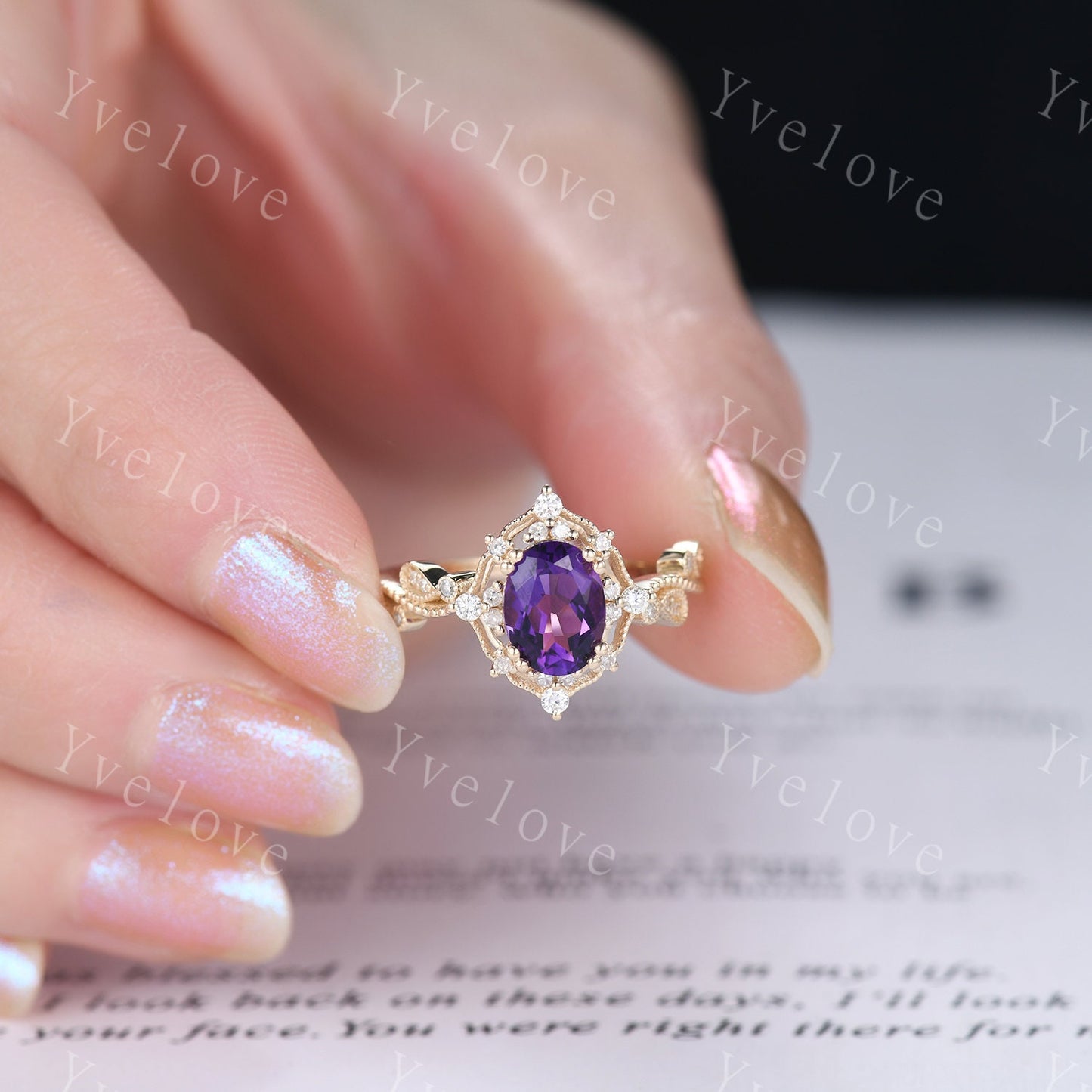 Oval Amethyst engagement ring set solid gold ring diamond amethyst stacking matching band floral vintage art deco ring February gift for her
