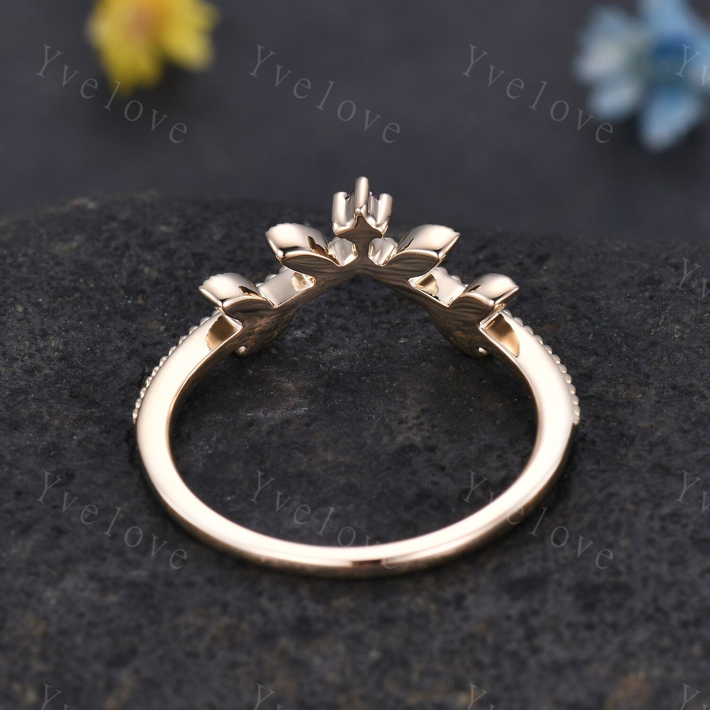 Amethyst Leaf Engagement Ring,Amethyst Matching Band,Women Stacking Band,Art Deco V Curved Milgrain Wedding Band,14K Solid Gold Gift For Her