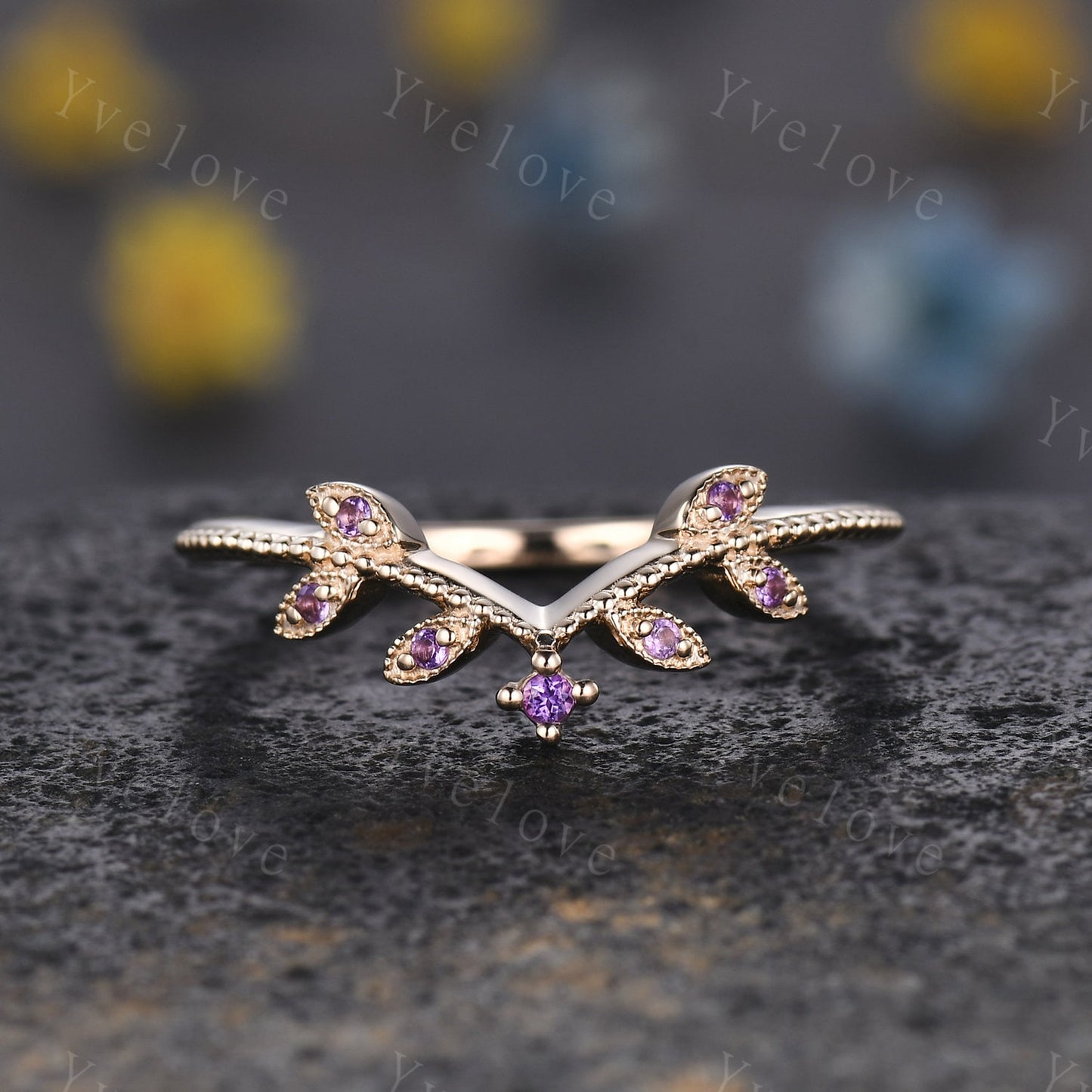 Amethyst Leaf Engagement Ring,Amethyst Matching Band,Women Stacking Band,Art Deco V Curved Milgrain Wedding Band,14K Solid Gold Gift For Her