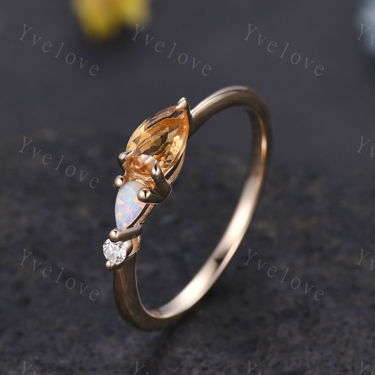 Vintage Yellow Citrine Opal Engagement Ring,Pear Cut Gems,Art Deco Moissanite Wedding Band,3 Stone Unique Women Bridal Promise Ring,Custom