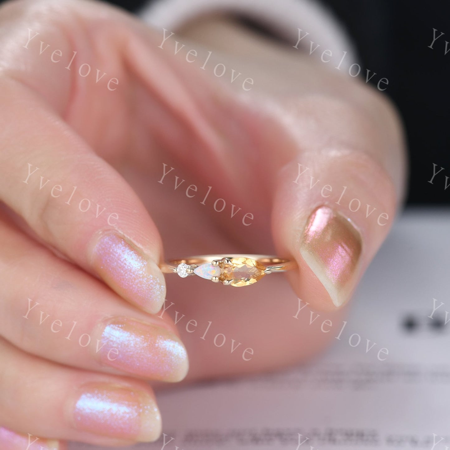 Vintage Yellow Citrine Opal Engagement Ring,Pear Cut Gems,Art Deco Moissanite Wedding Band,3 Stone Unique Women Bridal Promise Ring,Gold