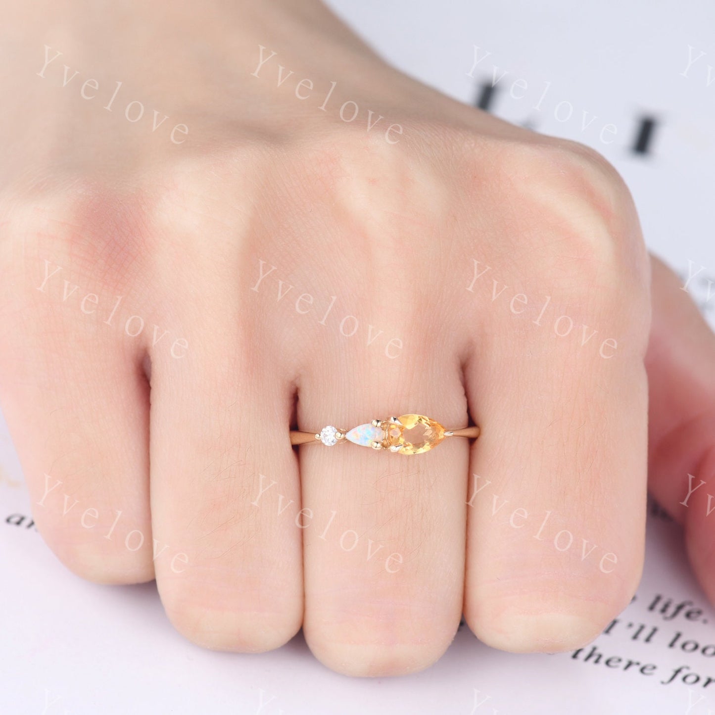Vintage Yellow Citrine Opal Engagement Ring,Pear Cut Gems,Art Deco Moissanite Wedding Band,3 Stone Unique Women Bridal Promise Ring,Gold