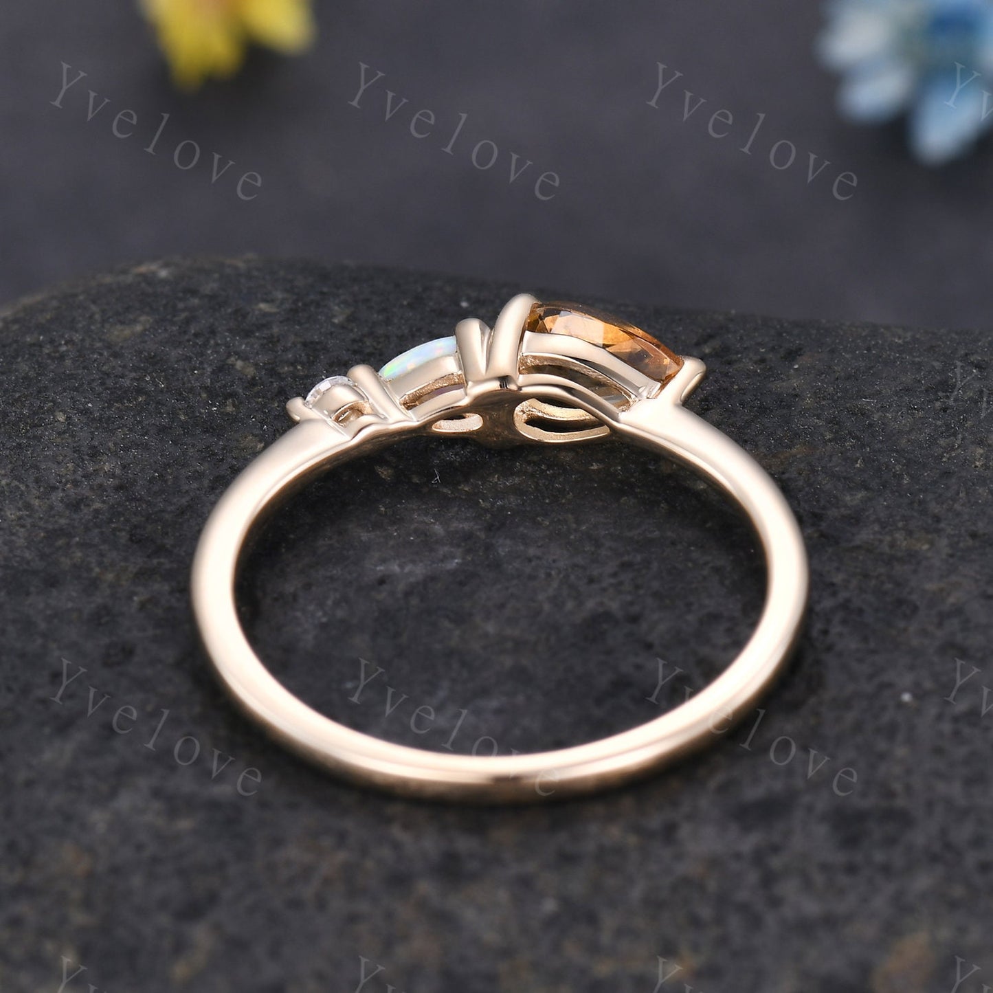 Vintage Yellow Citrine Opal Engagement Ring,Pear Cut Gems,Art Deco Moissanite Wedding Band,3 Stone Unique Women Bridal Promise Ring,Gold