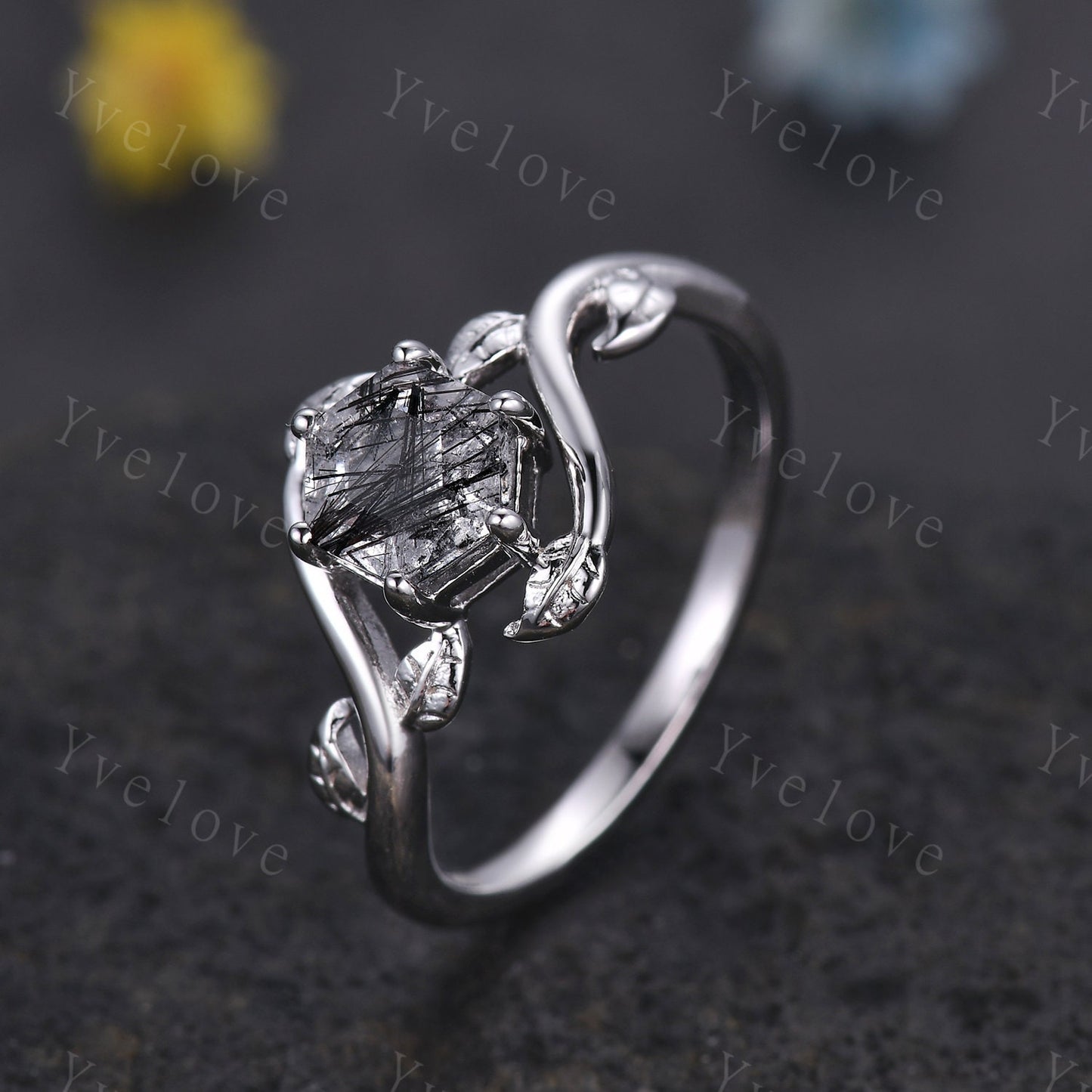 Retro hexagon Black Rutilate Quartz Ring,Vintage Silver Ring,Unique Rutilated Quartz  Engagement Ring,Leaf Promise Ring,Bridal Ring Set Gift