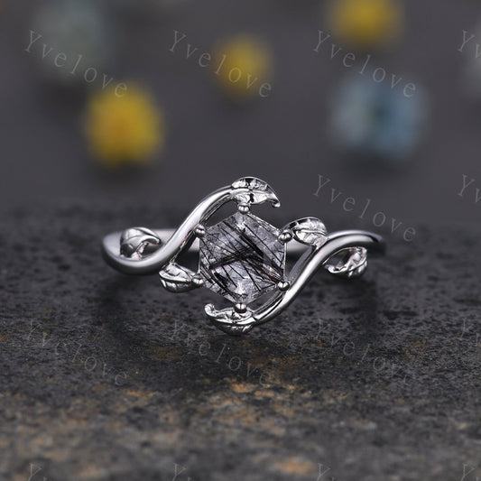 Retro hexagon Black Rutilate Quartz Ring,Vintage Silver Ring Set,Unique Rutilated Quartz  Engagement Ring,Promise Ring,Bridal Ring Set Gift