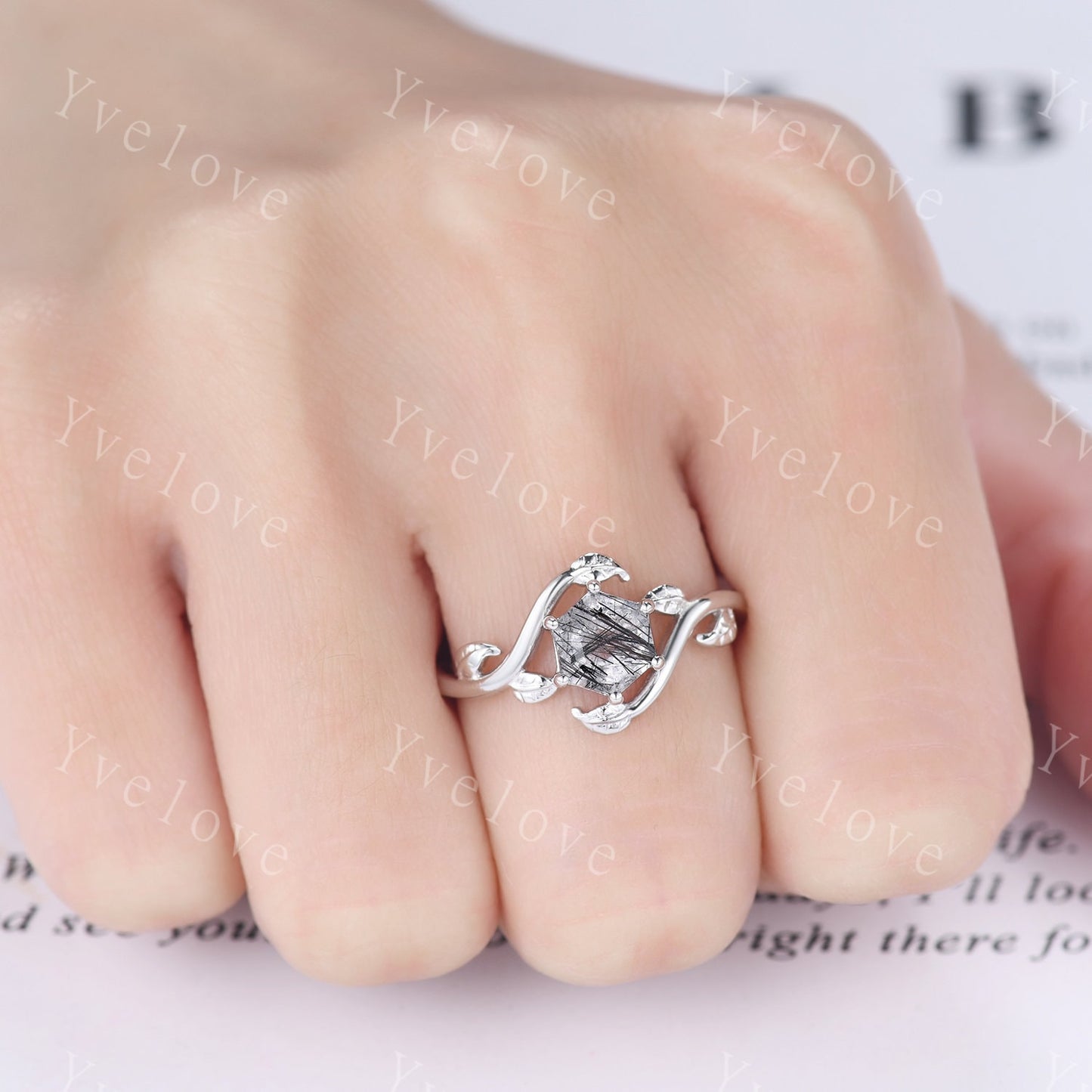 Retro hexagon Black Rutilate Quartz Ring,Vintage Silver Ring Set,Unique Rutilated Quartz  Engagement Ring,Promise Ring,Bridal Ring Set Gift