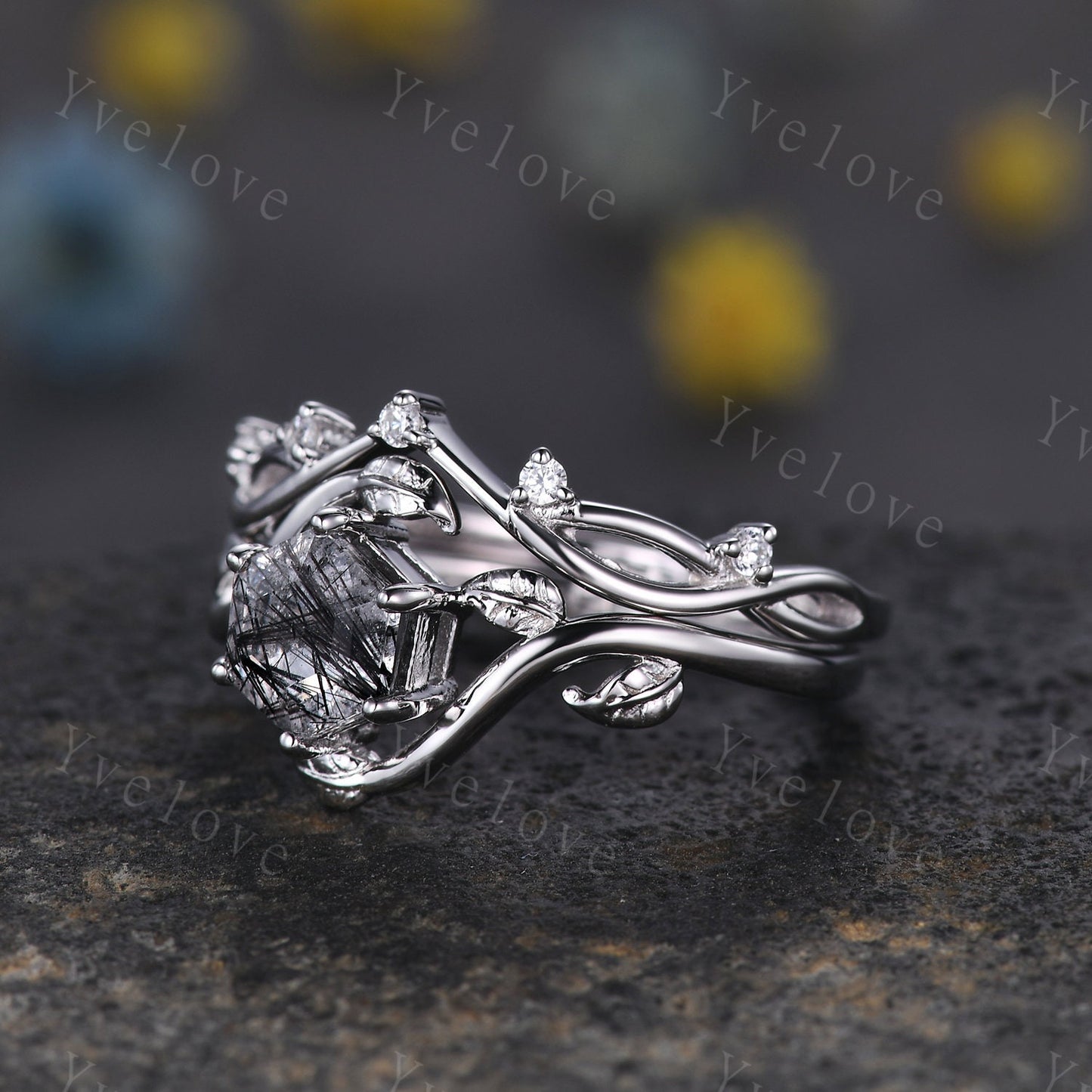 Retro hexagon Black Rutilate Quartz Ring,Vintage Silver Ring Set,Unique Rutilated Quartz  Engagement Ring,Promise Ring,Bridal Ring Set Gift