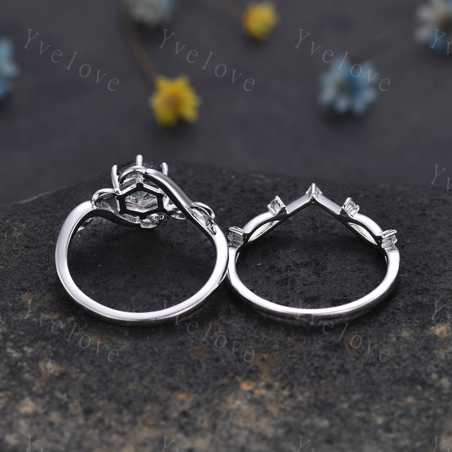 Retro hexagon Black Rutilate Quartz Ring,Vintage Silver Ring Set,Unique Rutilated Quartz  Engagement Ring,Promise Ring,Bridal Ring Set Gift