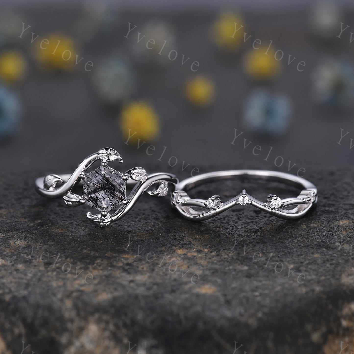 Retro hexagon Black Rutilate Quartz Ring,Vintage Silver Ring Set,Unique Rutilated Quartz  Engagement Ring,Promise Ring,Bridal Ring Set Gift